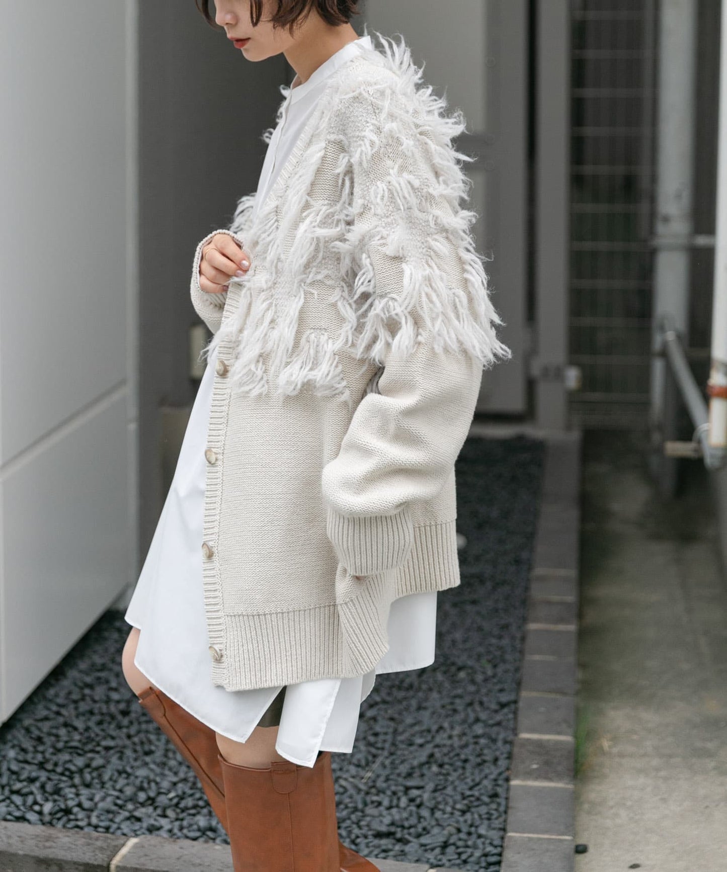 jacquard fringe cardigan (ivory) *JP