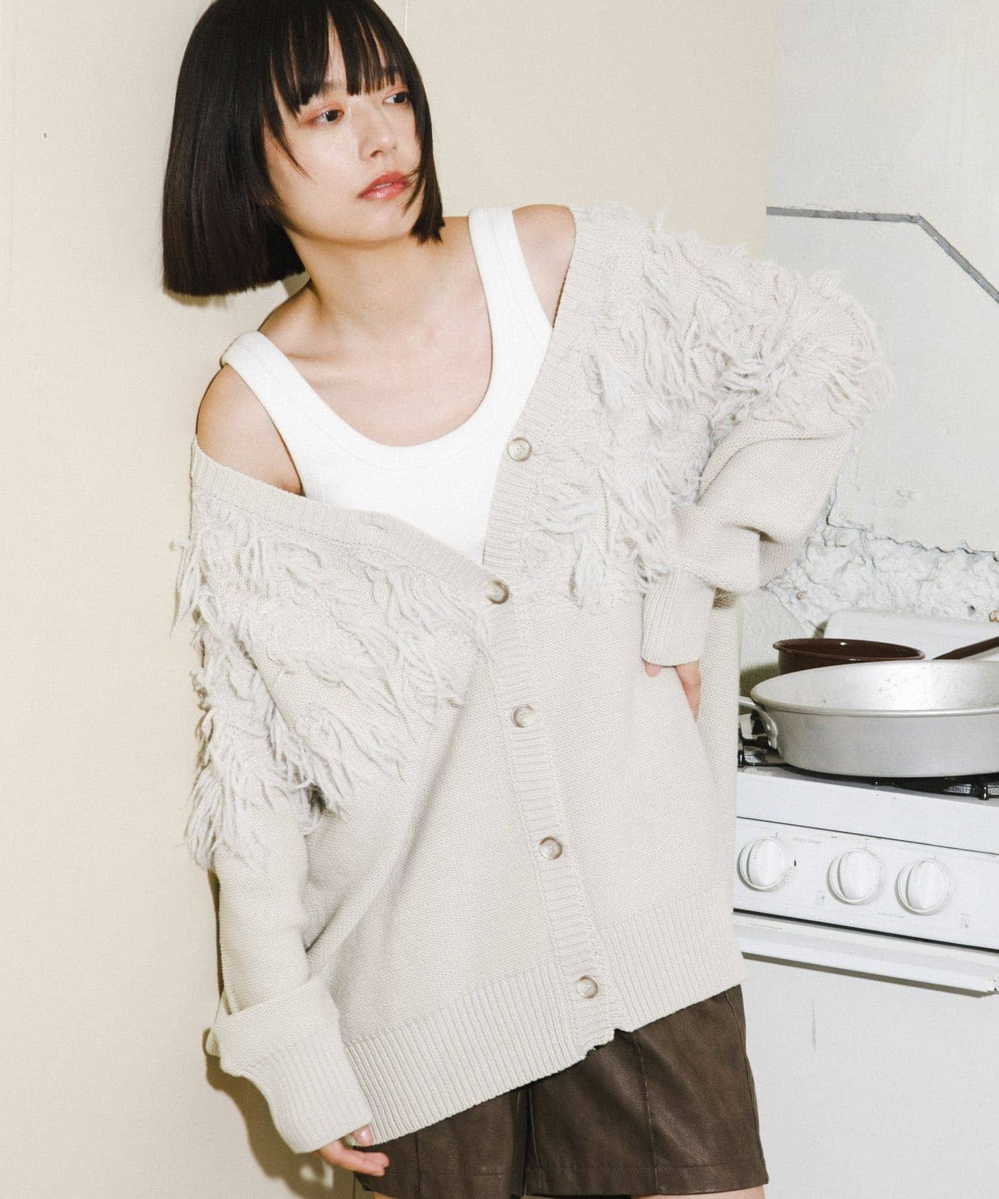 jacquard fringe cardigan (ivory) *JP