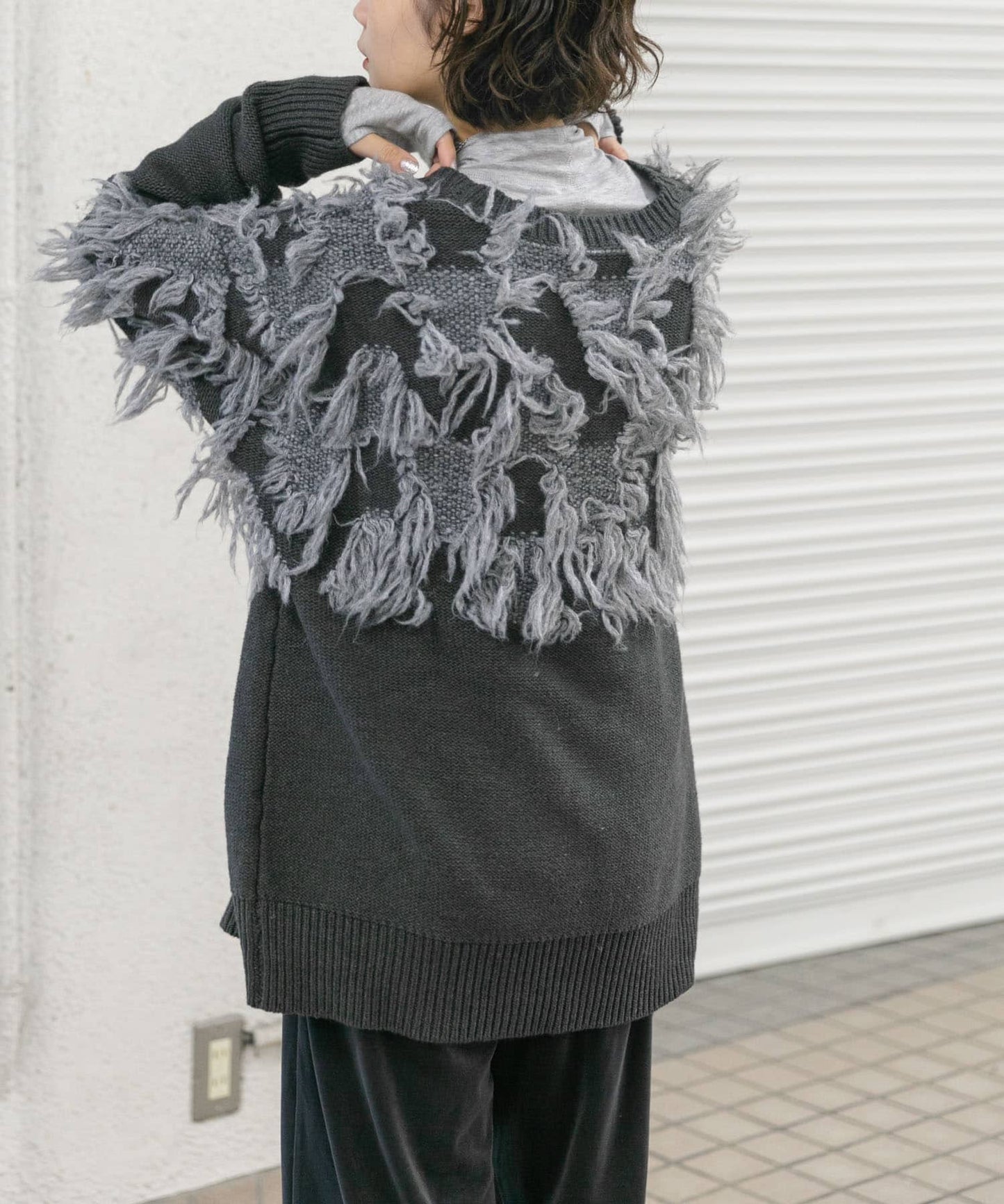 jacquard fringe cardigan (black) *JP