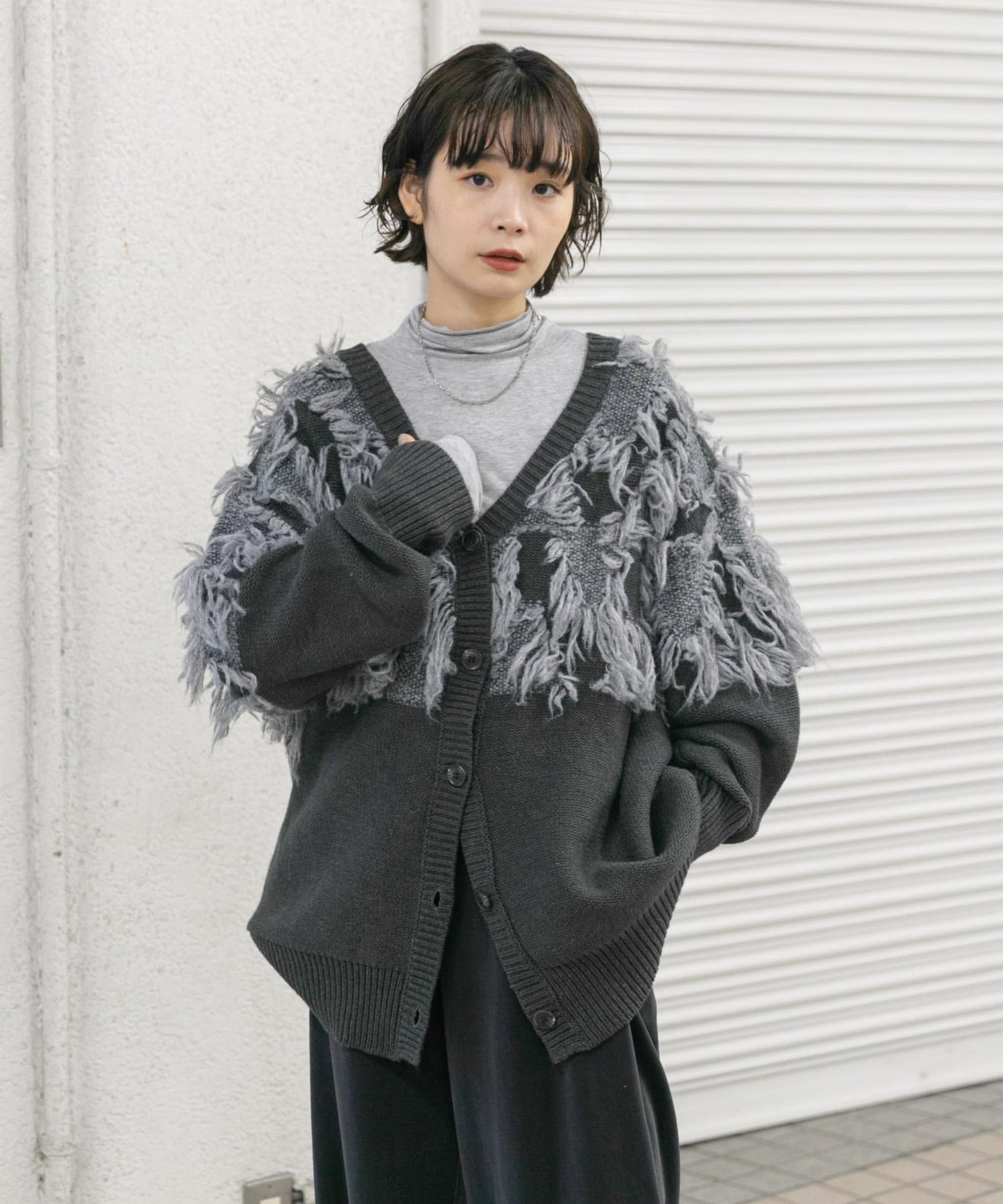 jacquard fringe cardigan (black) *JP