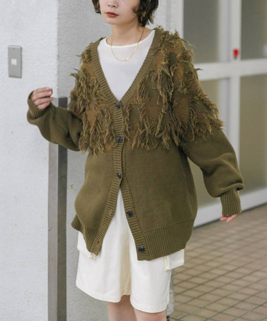 jacquard fringe cardigan (khaki) *JP