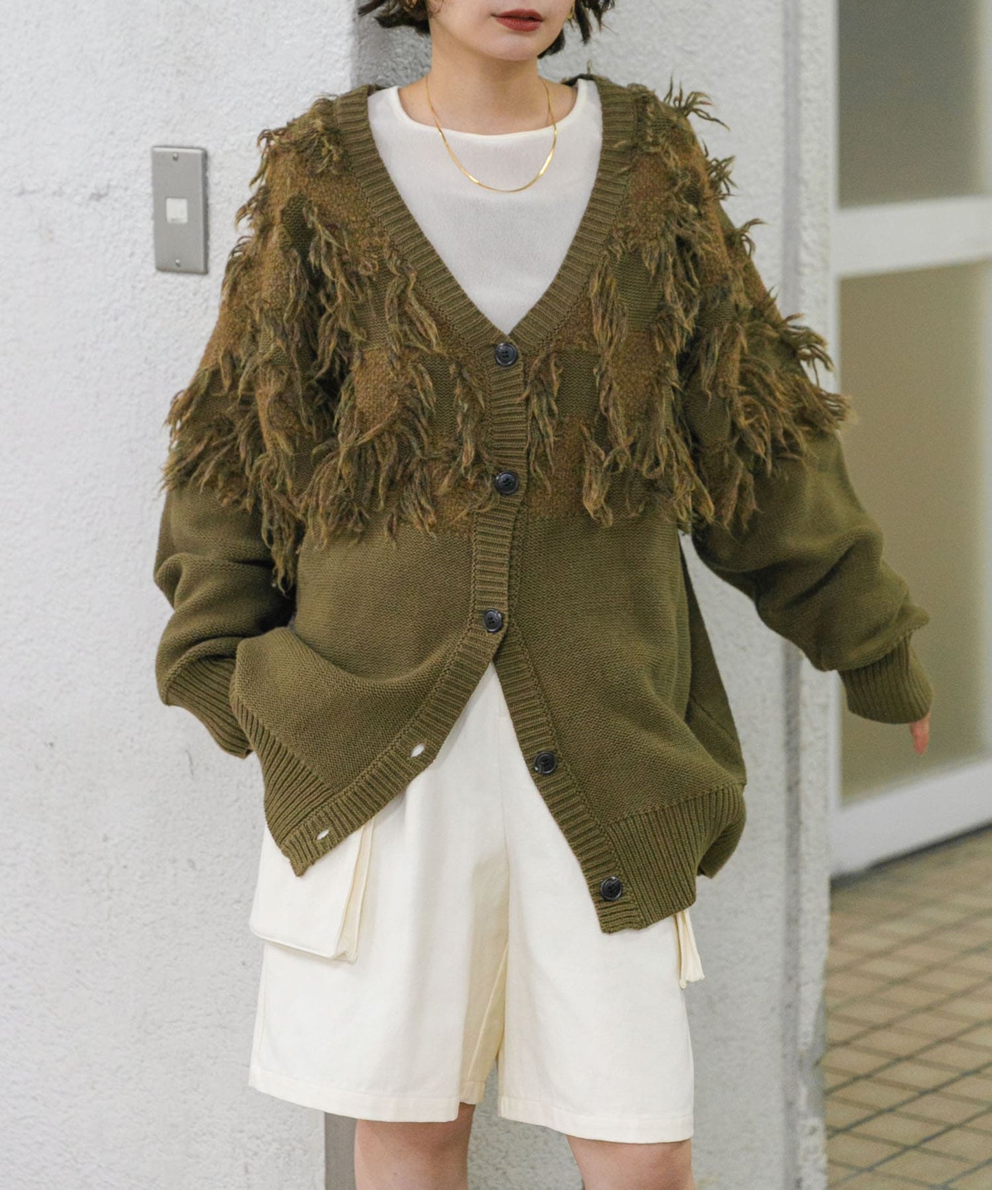 jacquard fringe cardigan (khaki) *JP