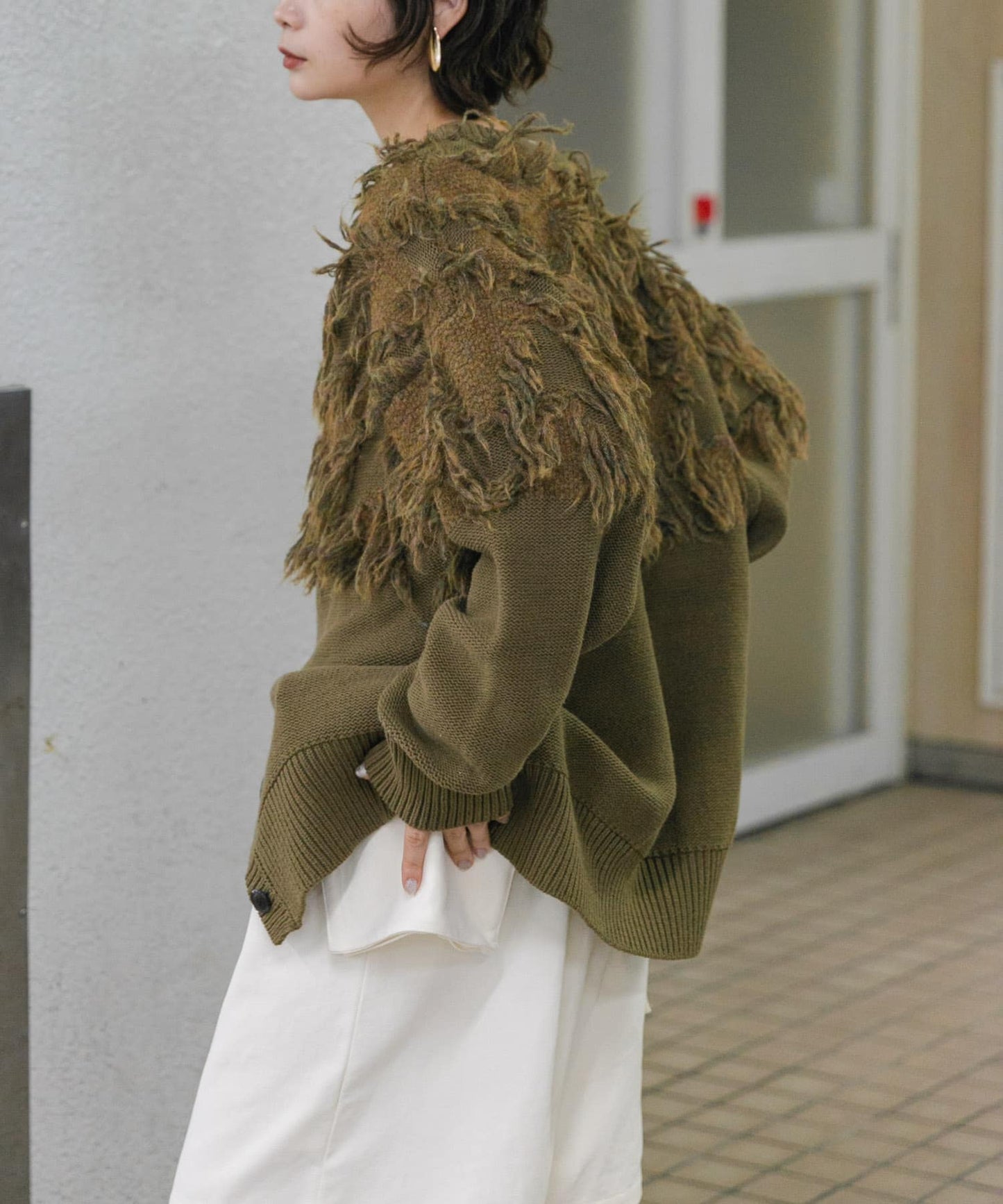 jacquard fringe cardigan (khaki) *JP