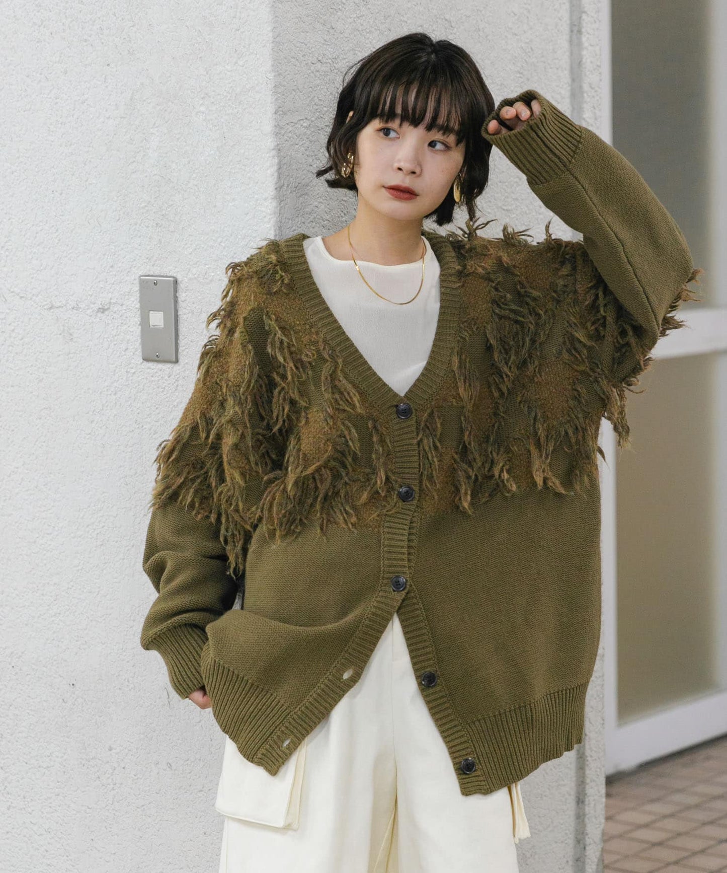 jacquard fringe cardigan (khaki) *JP