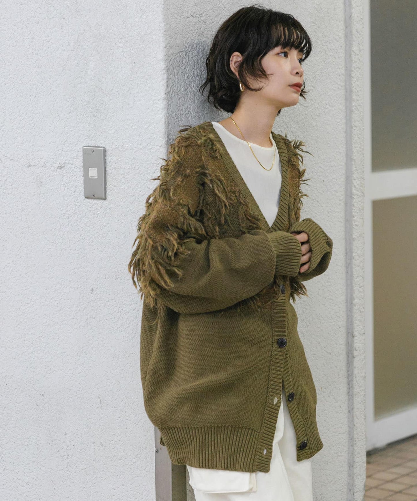 jacquard fringe cardigan (khaki) *JP