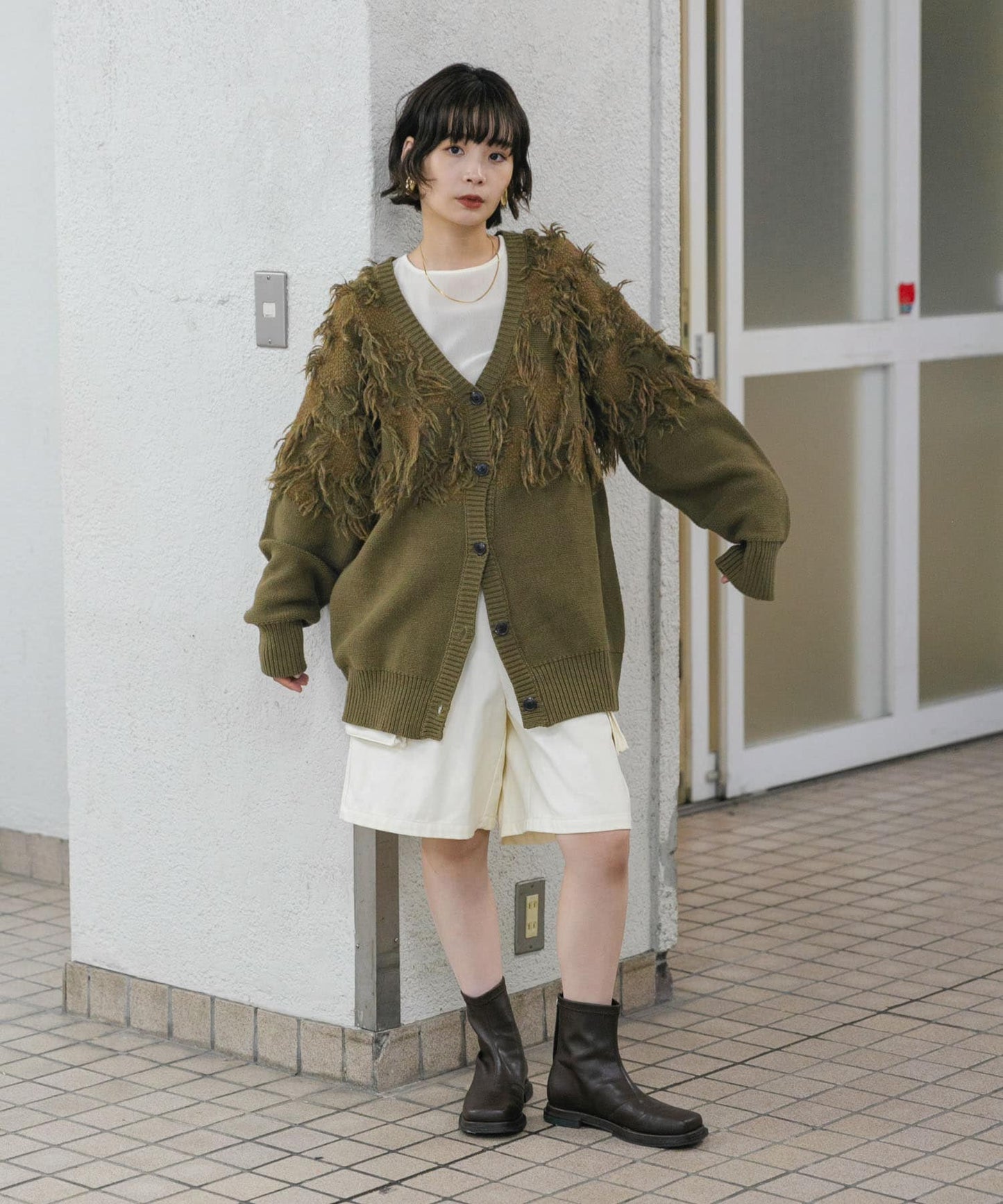 jacquard fringe cardigan (khaki) *JP