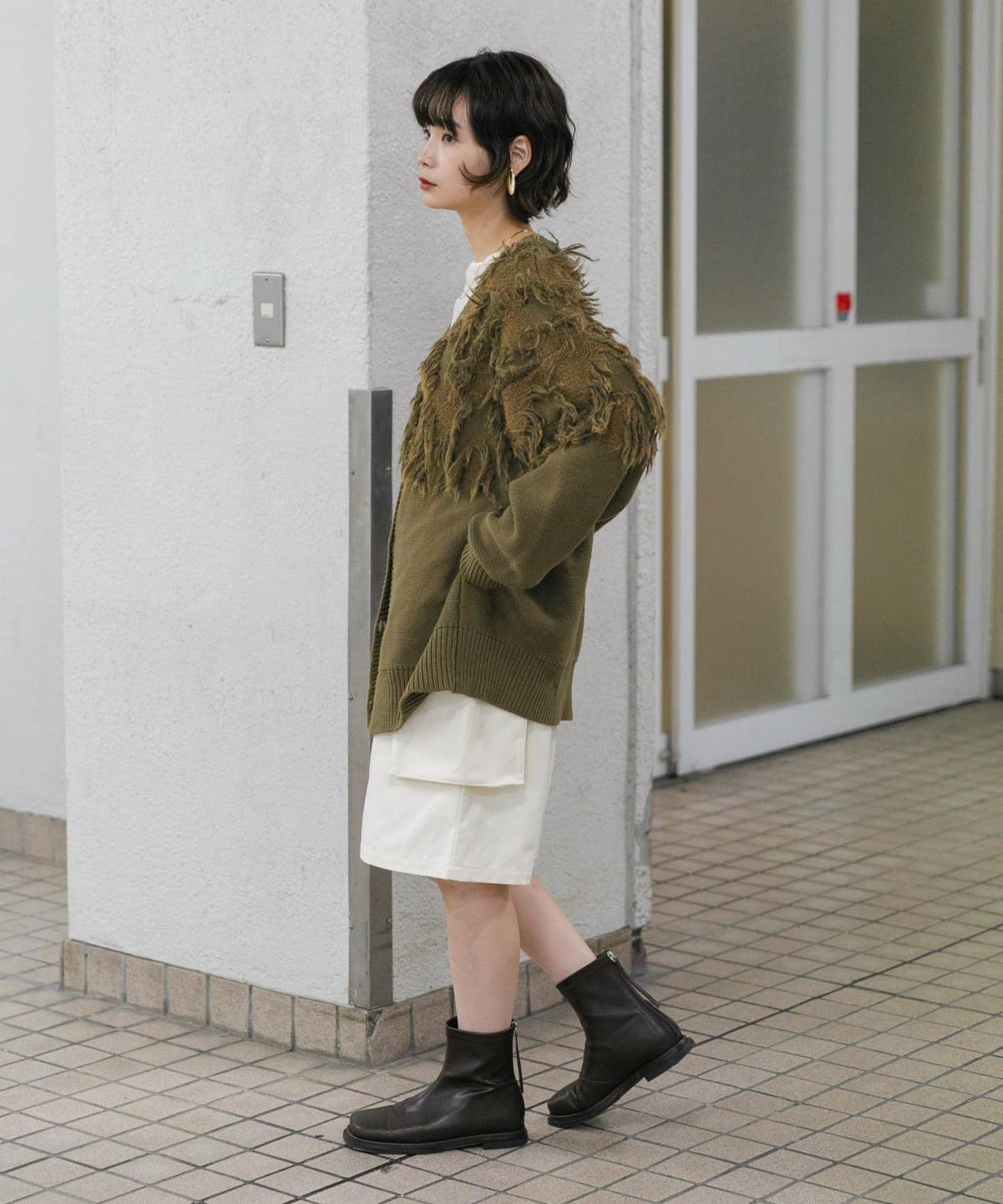 jacquard fringe cardigan (khaki) *JP