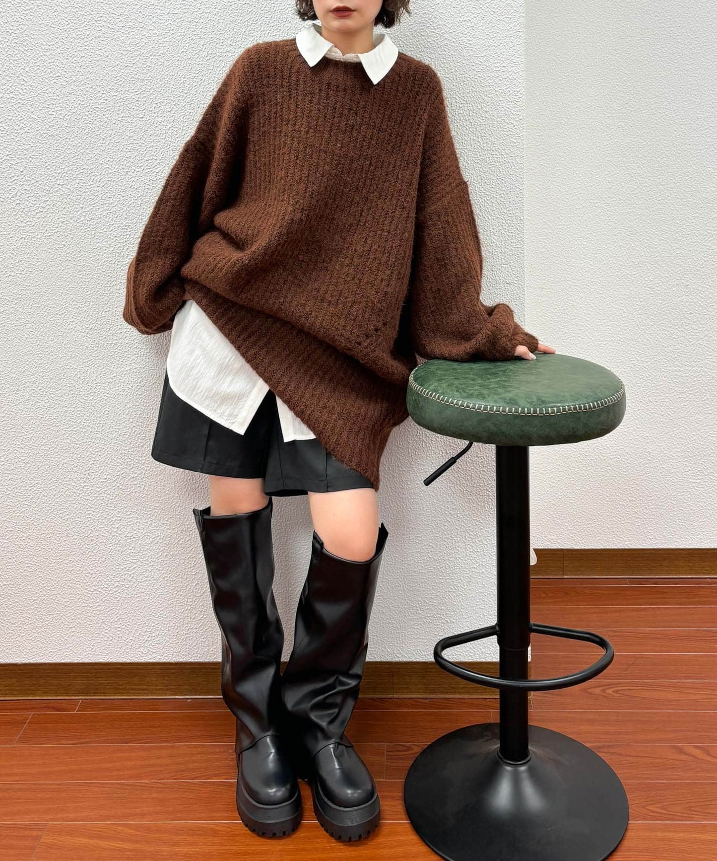 volume knit mini dress (brown) *JP