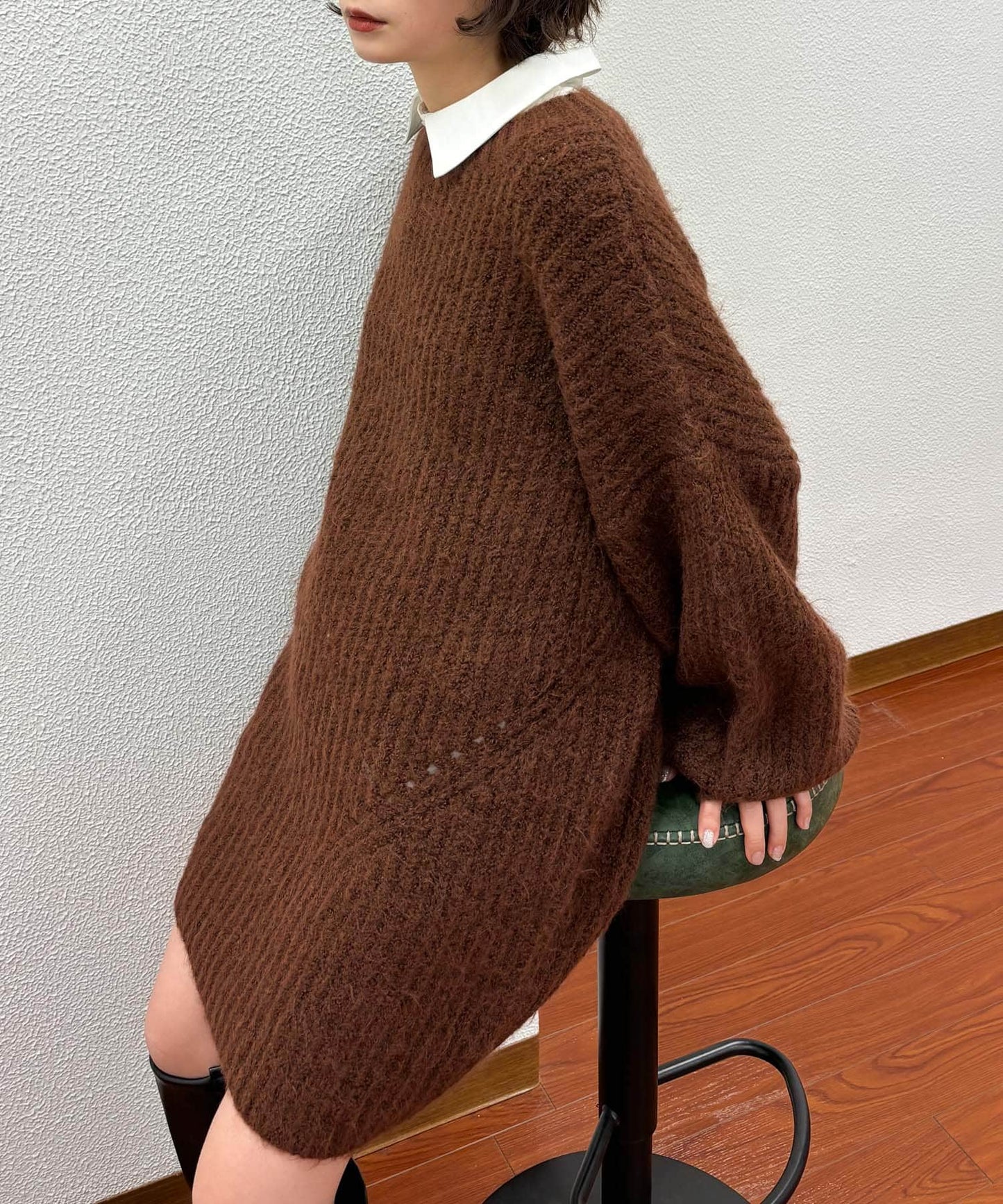 volume knit mini dress (brown) *JP