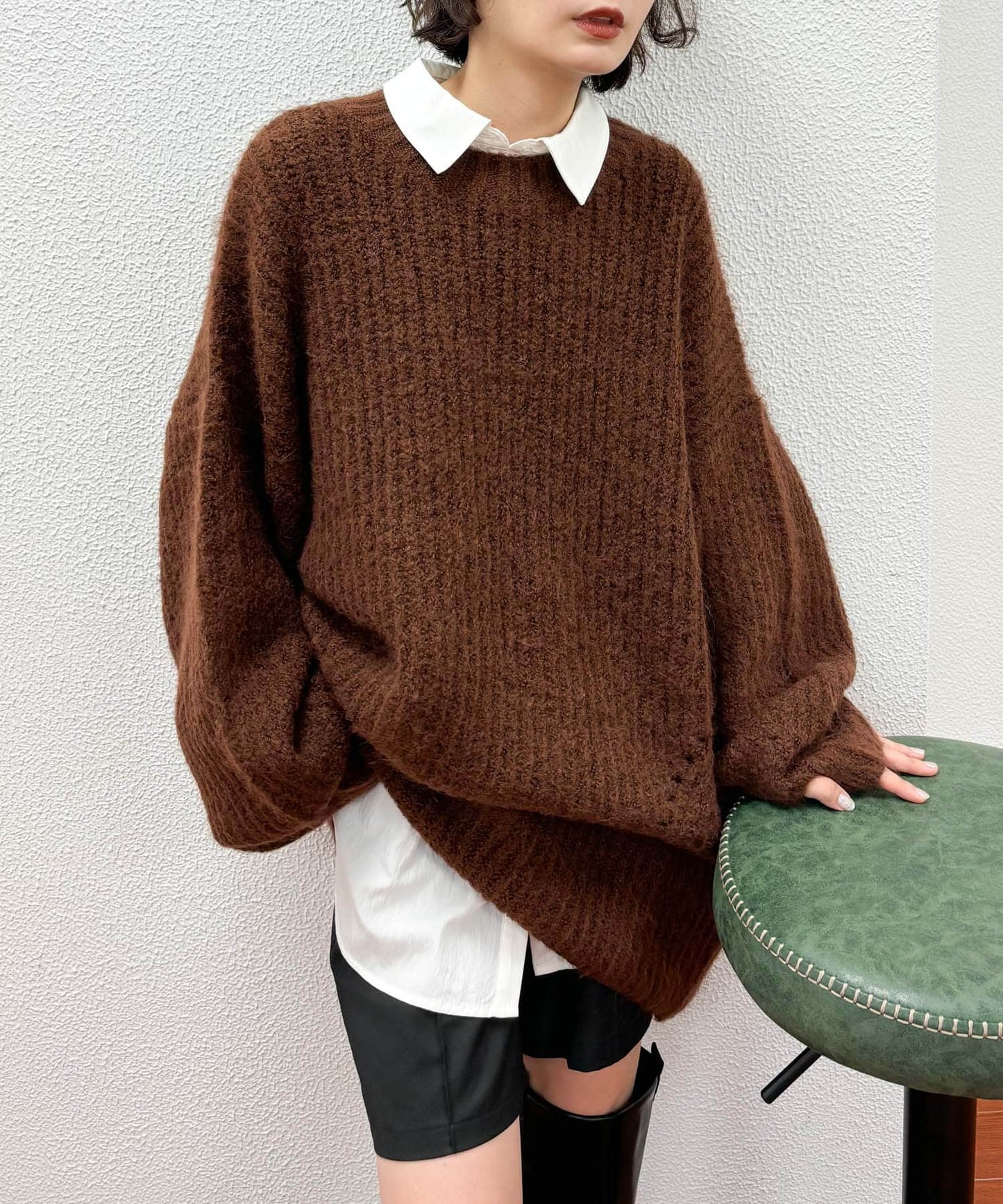 volume knit mini dress (brown) *JP