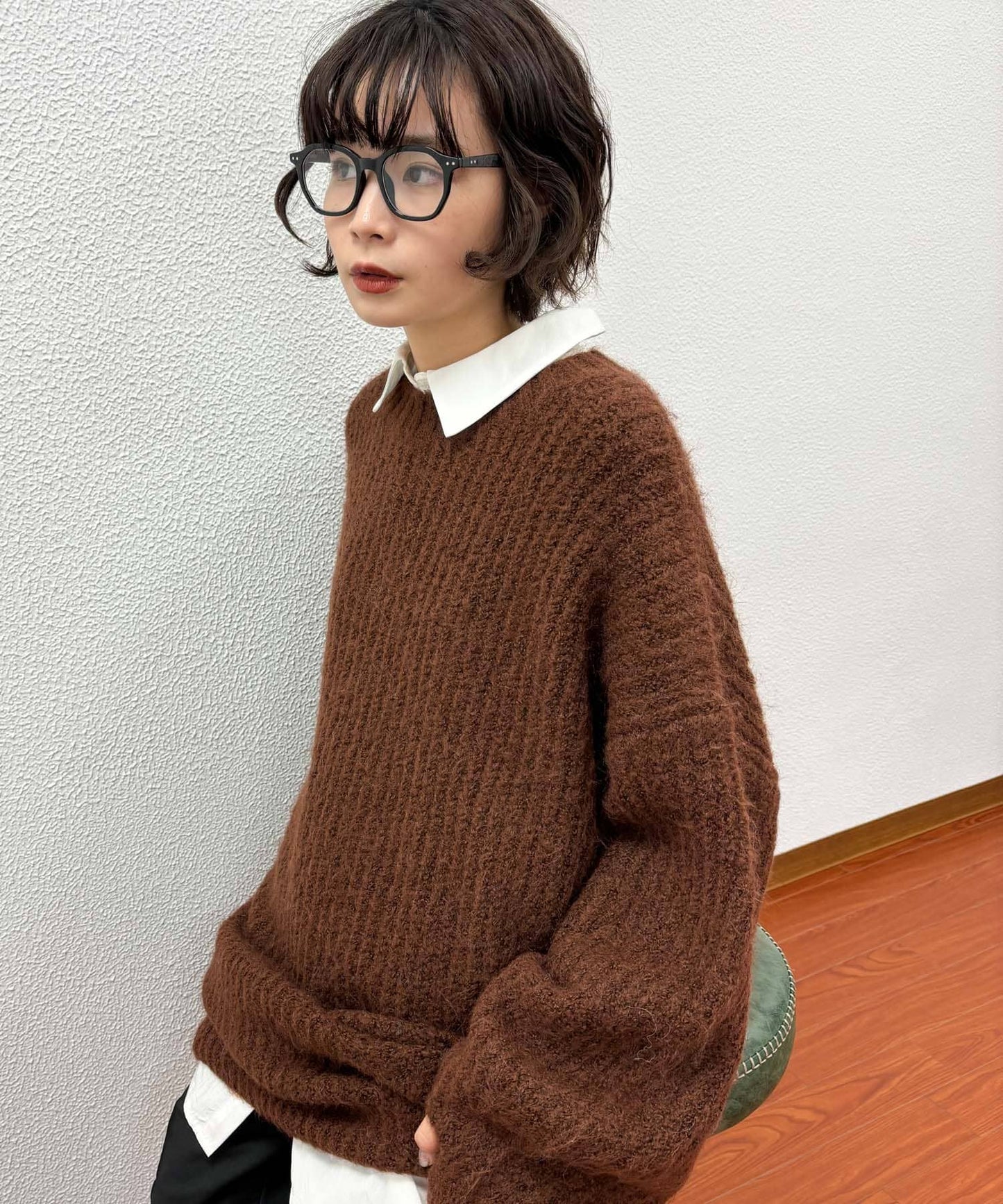 volume knit mini dress (brown) *JP