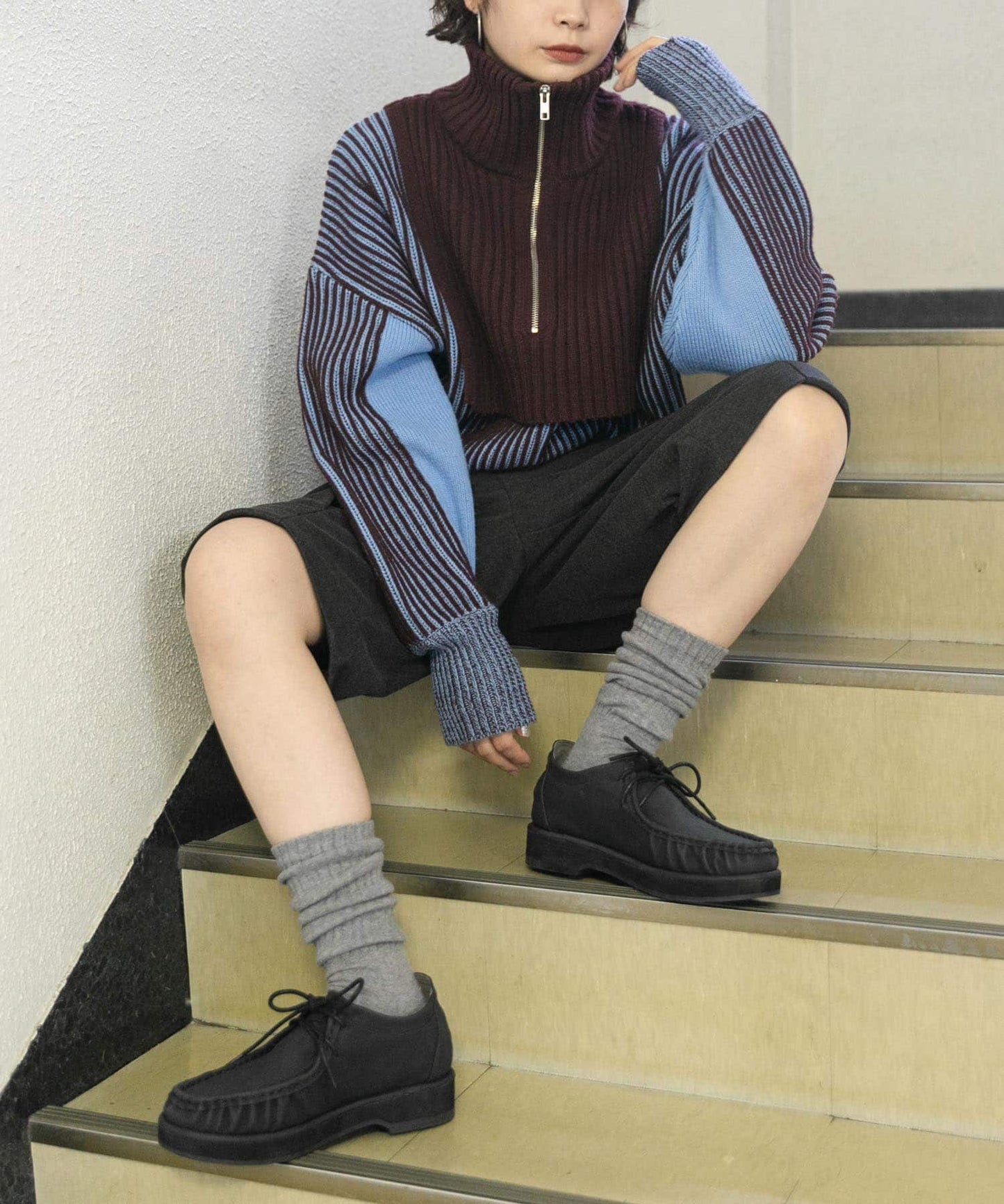 layered half zip knit (brown x blue) *JP