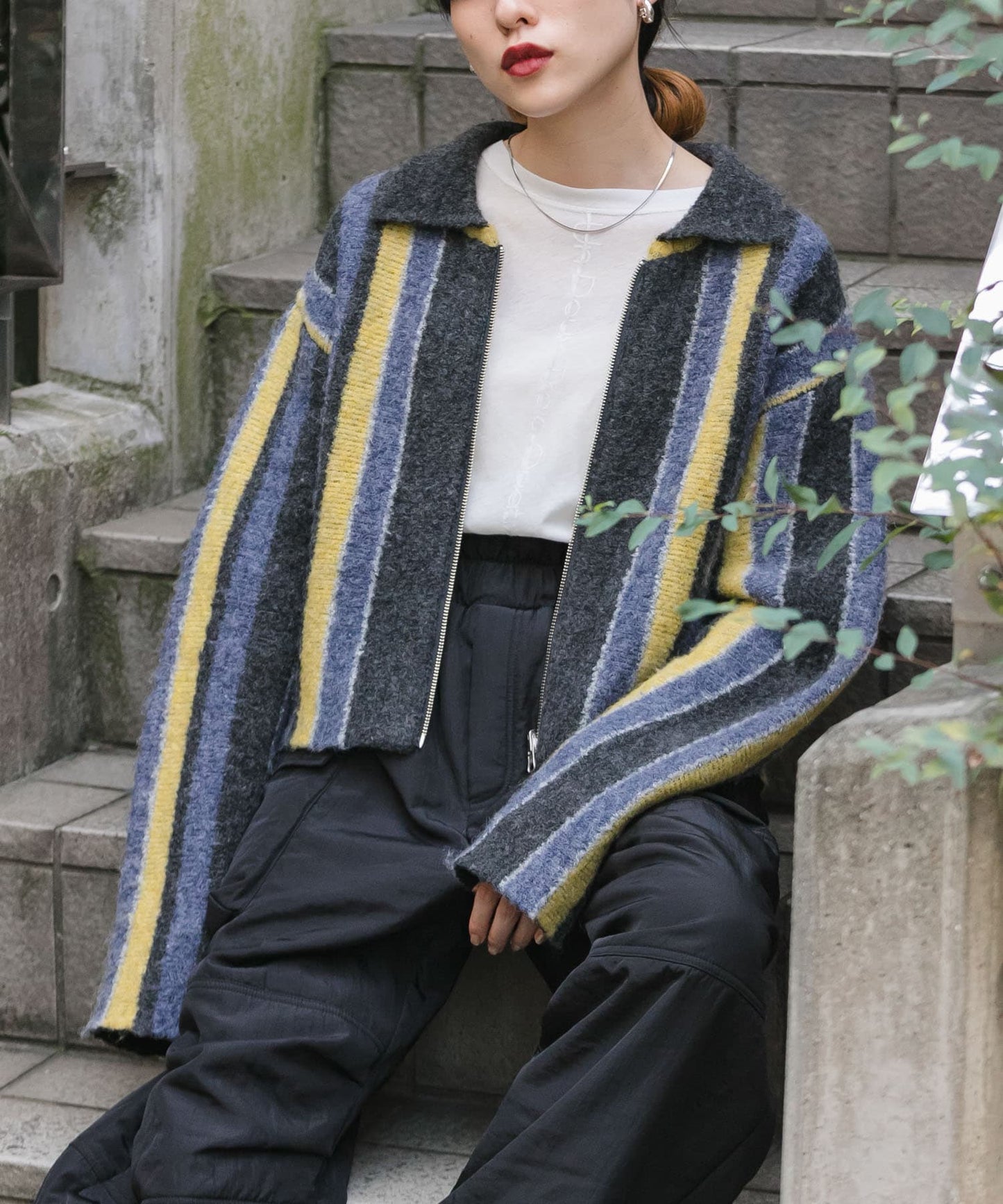 front zip striped cardigan (charcoal mix) *JP