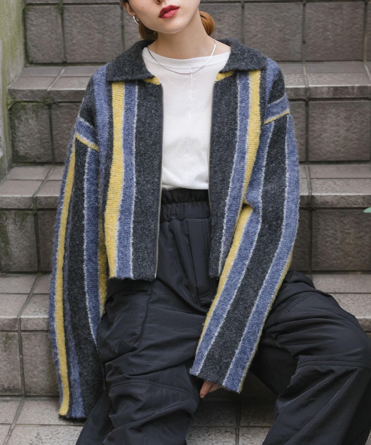 front zip striped cardigan (charcoal mix) *JP