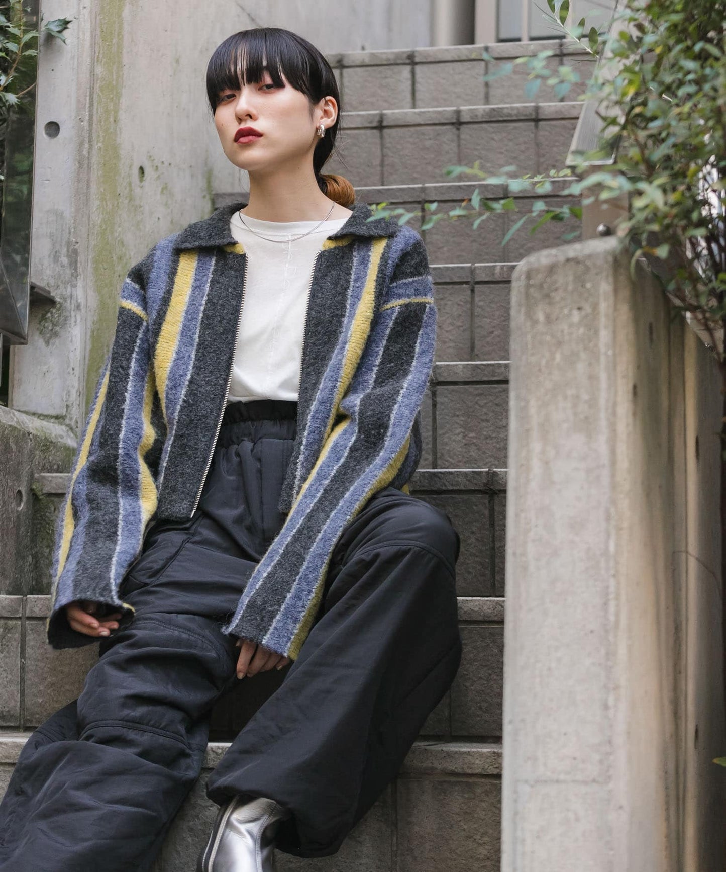 front zip striped cardigan (charcoal mix) *JP