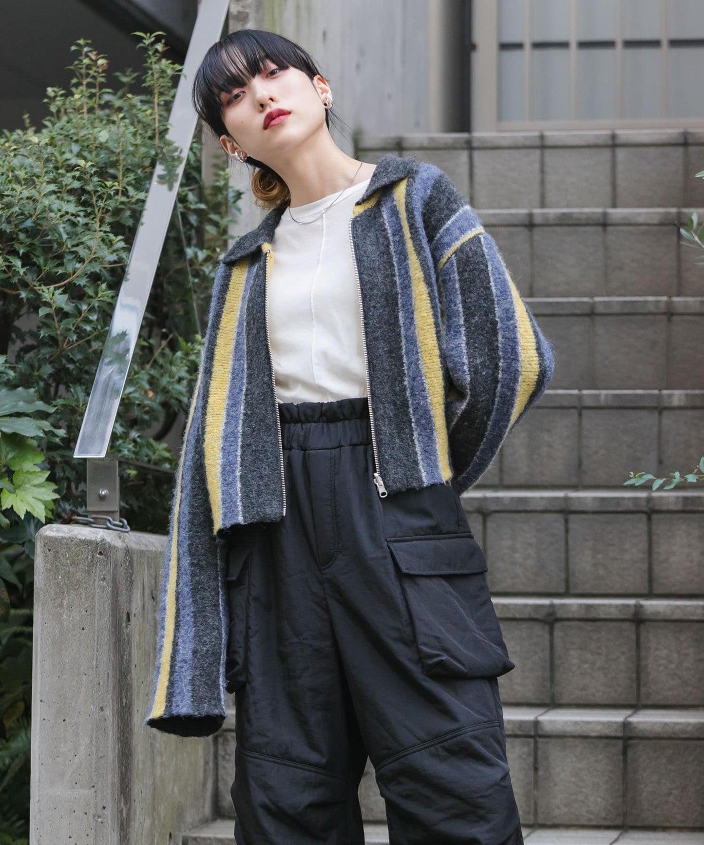 front zip striped cardigan (charcoal mix) *JP