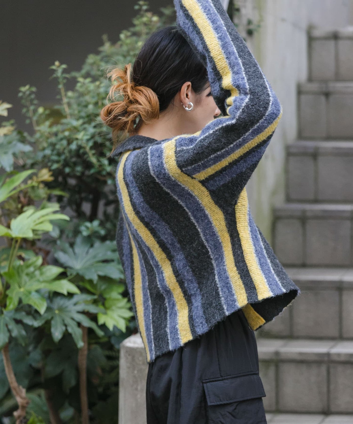 front zip striped cardigan (charcoal mix) *JP