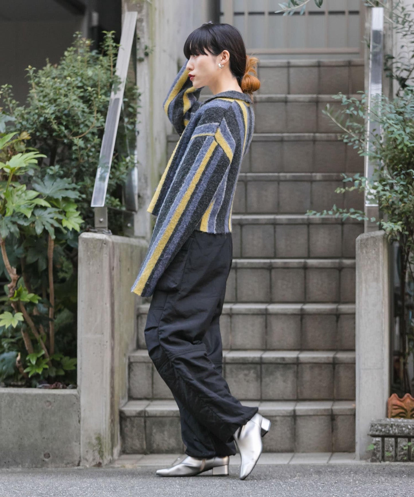 front zip striped cardigan (charcoal mix) *JP