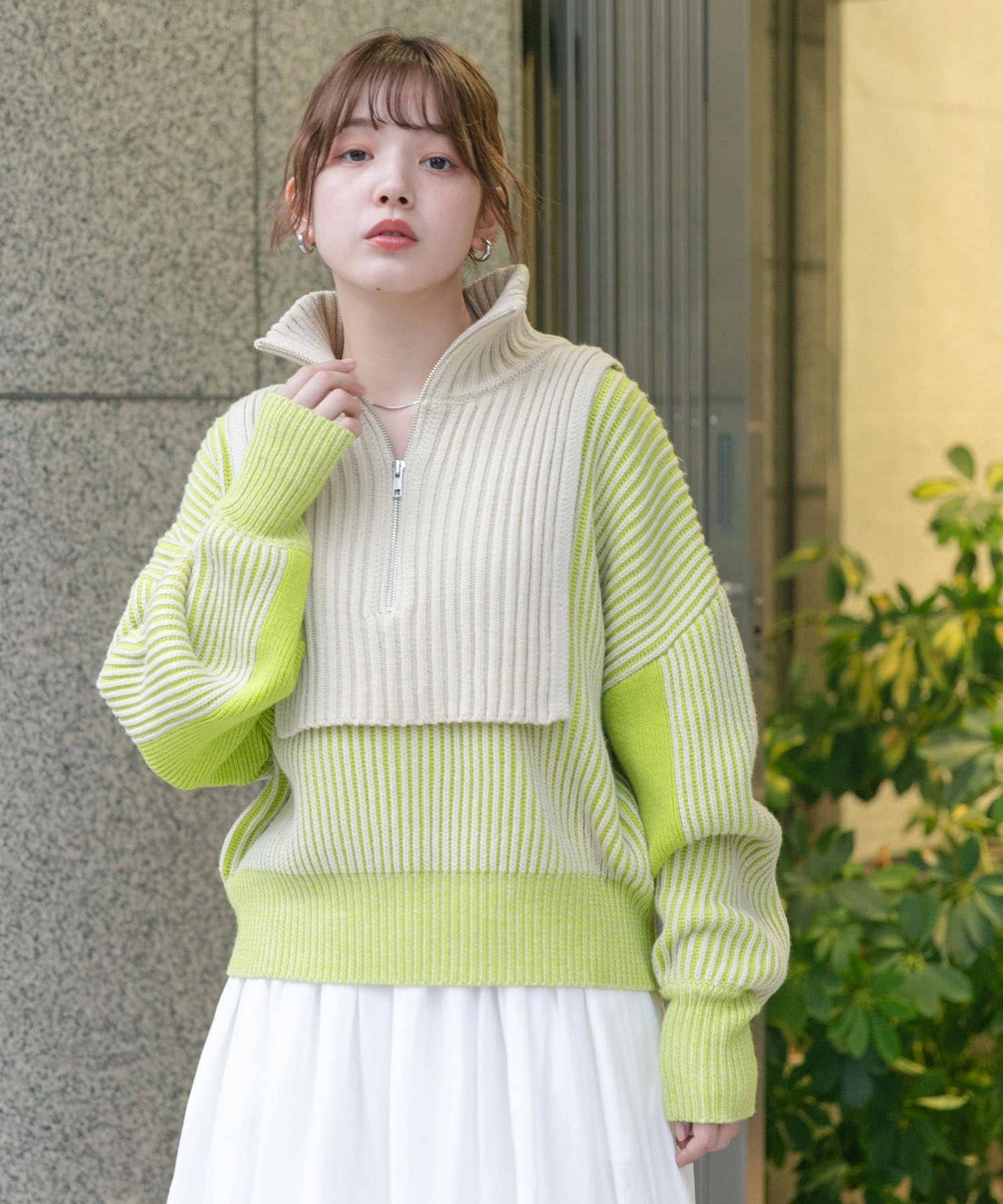 layered half zip knit (ivory x lime) *JP