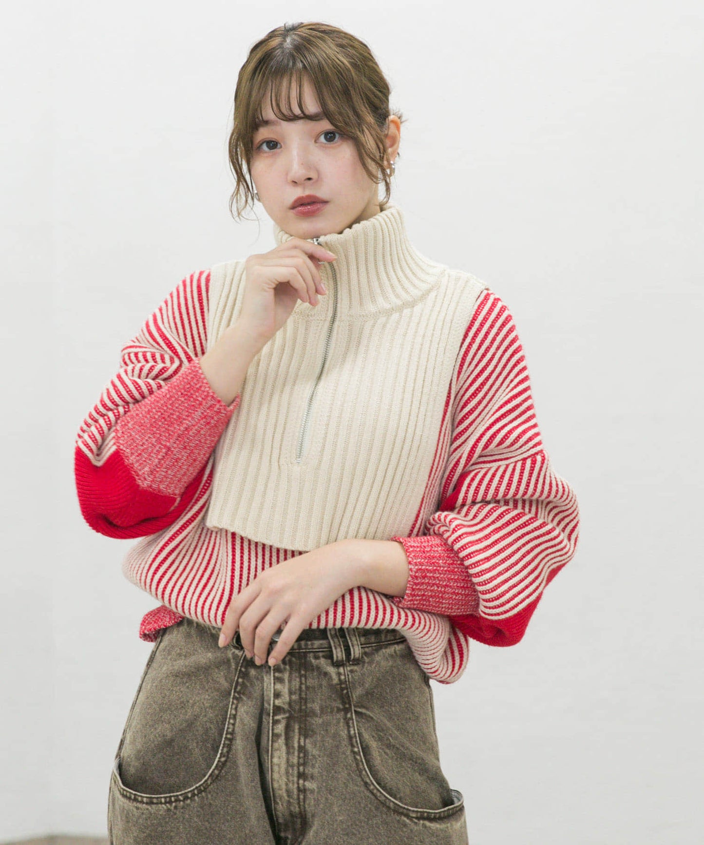 layered half zip knit (ivory x red) *JP