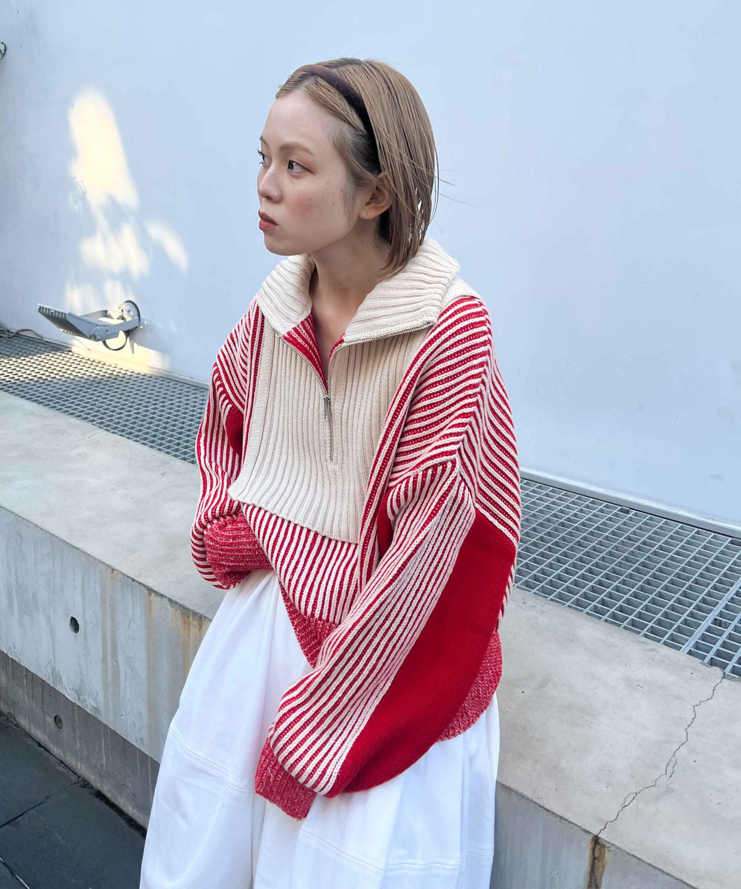 layered half zip knit (ivory x red) *JP