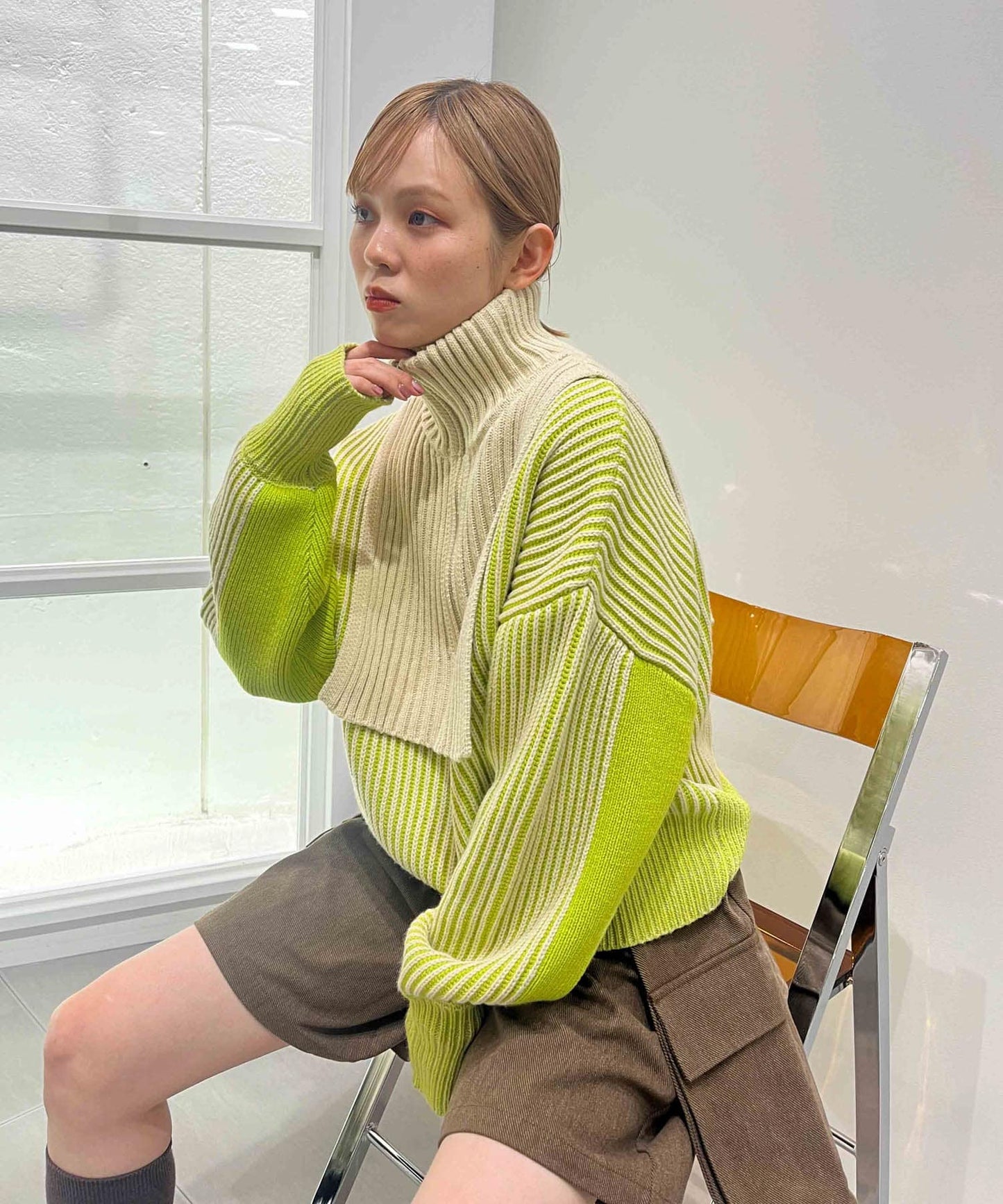 layered half zip knit (ivory x lime) *JP