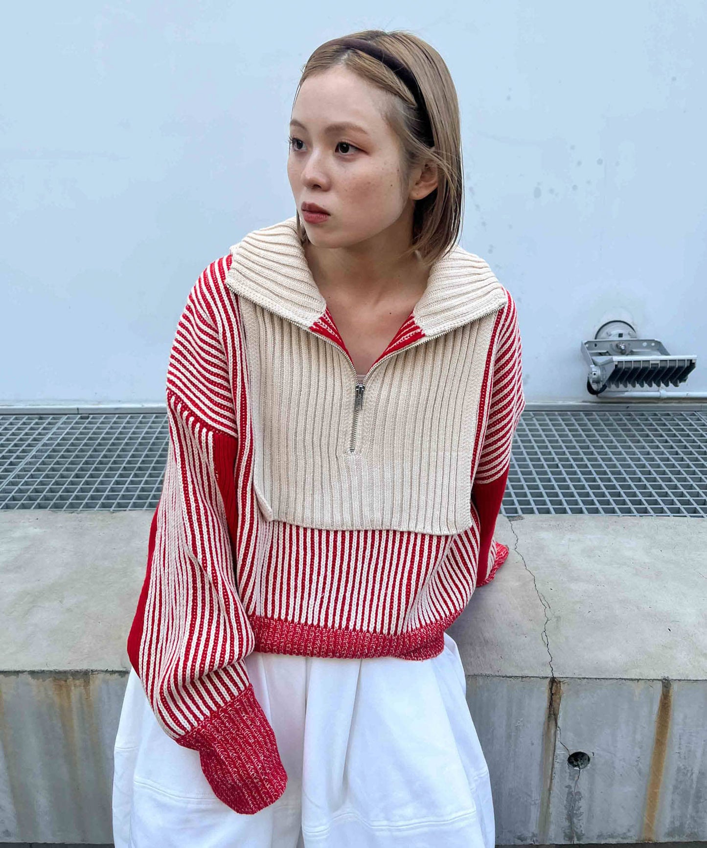 layered half zip knit (ivory x red) *JP