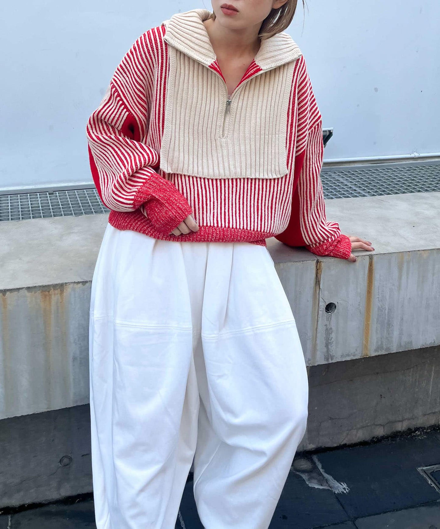 layered half zip knit (ivory x red) *JP