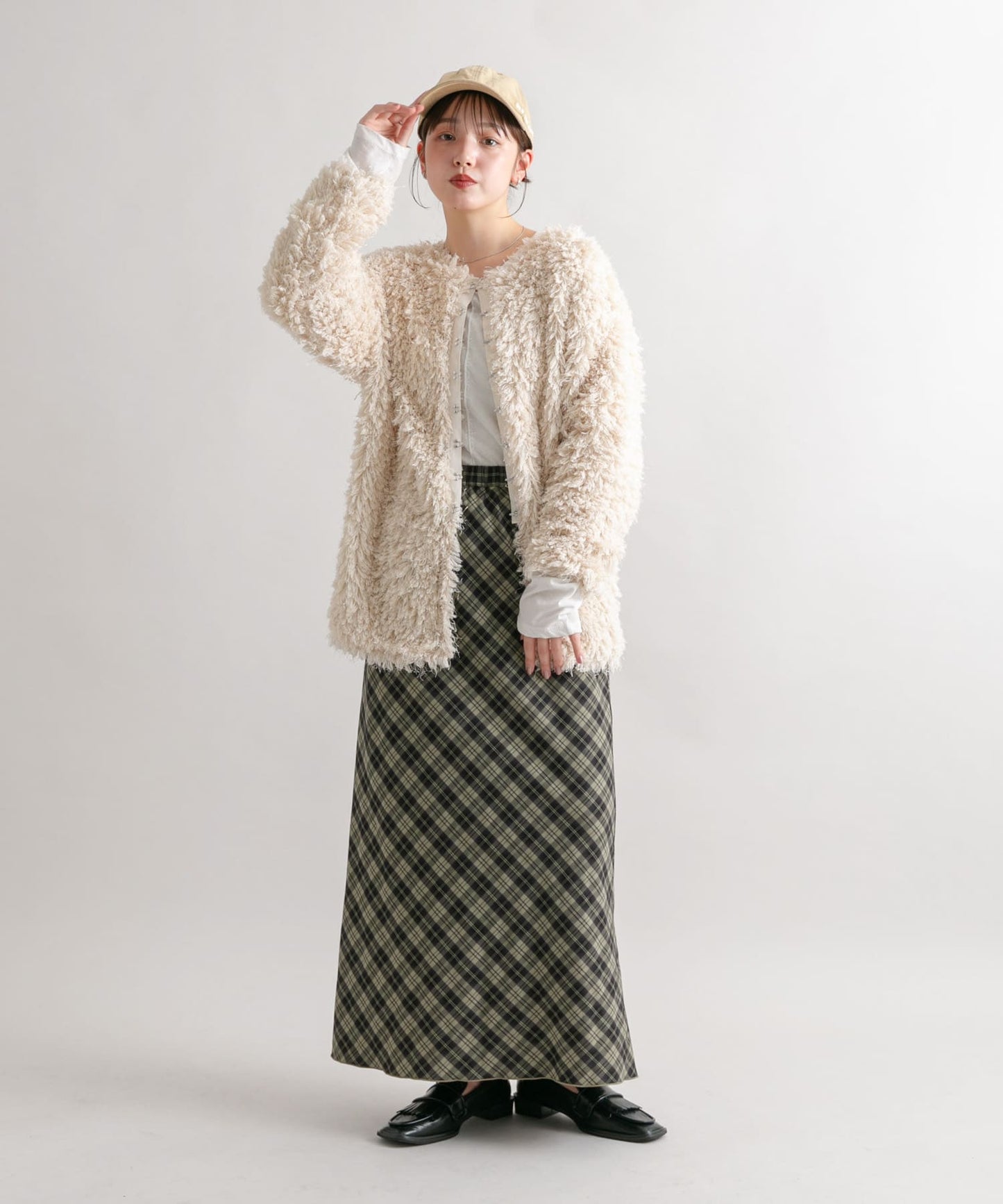 check narrow skirt (khaki x black) *JP