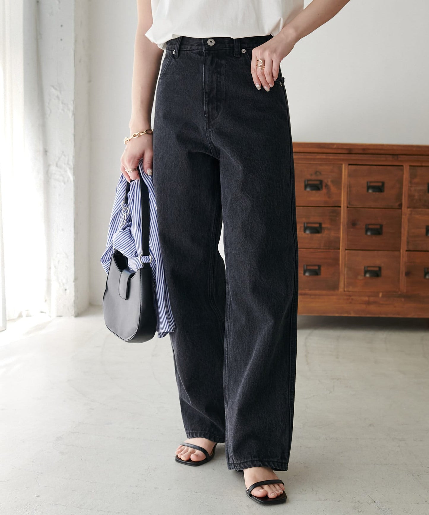 US cotton denim straight pants (black) *JP