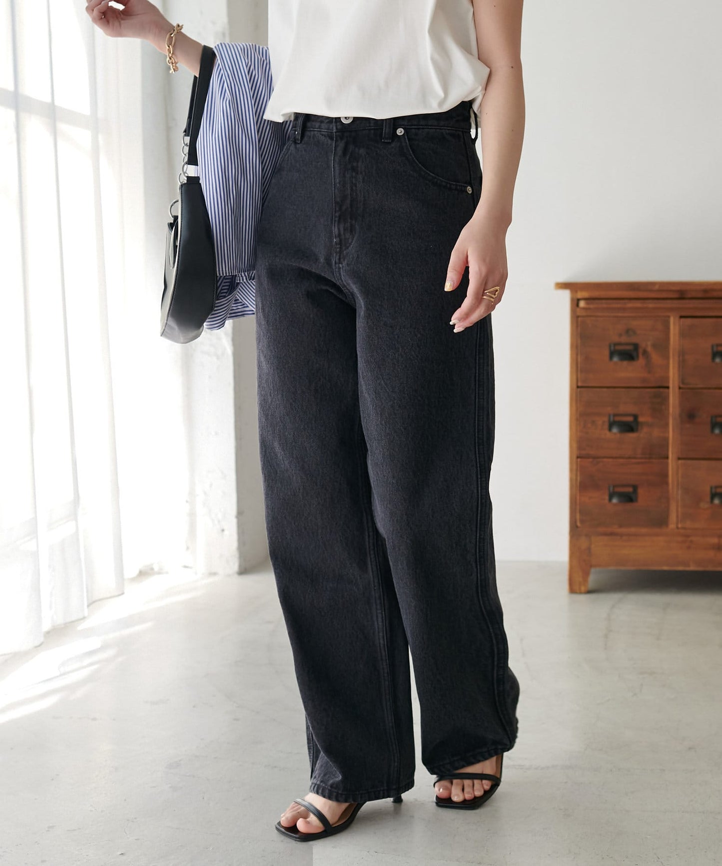 US cotton denim straight pants (black) *JP