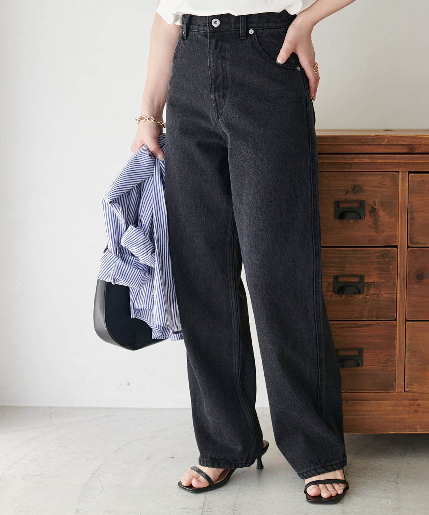 US cotton denim straight pants (black) *JP