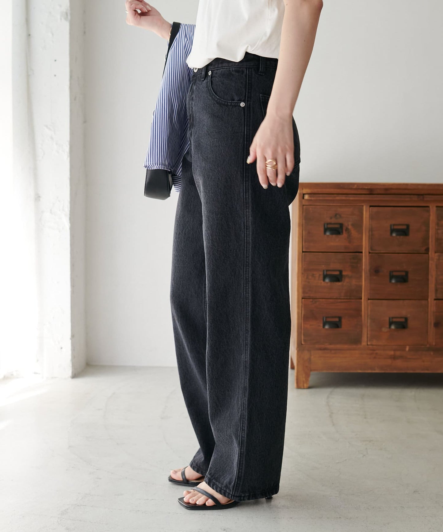 US cotton denim straight pants (black) *JP