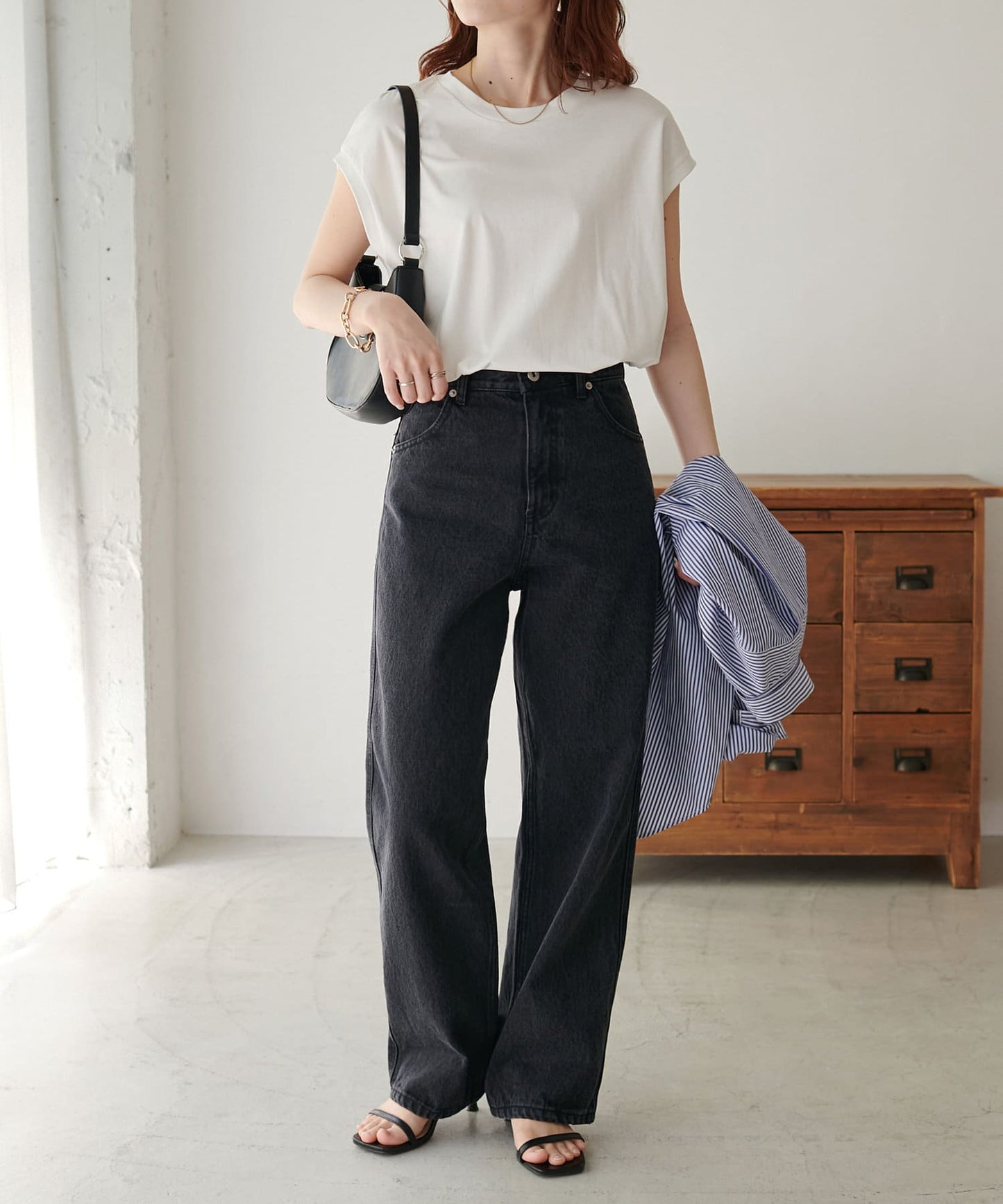 US cotton denim straight pants (black) *JP