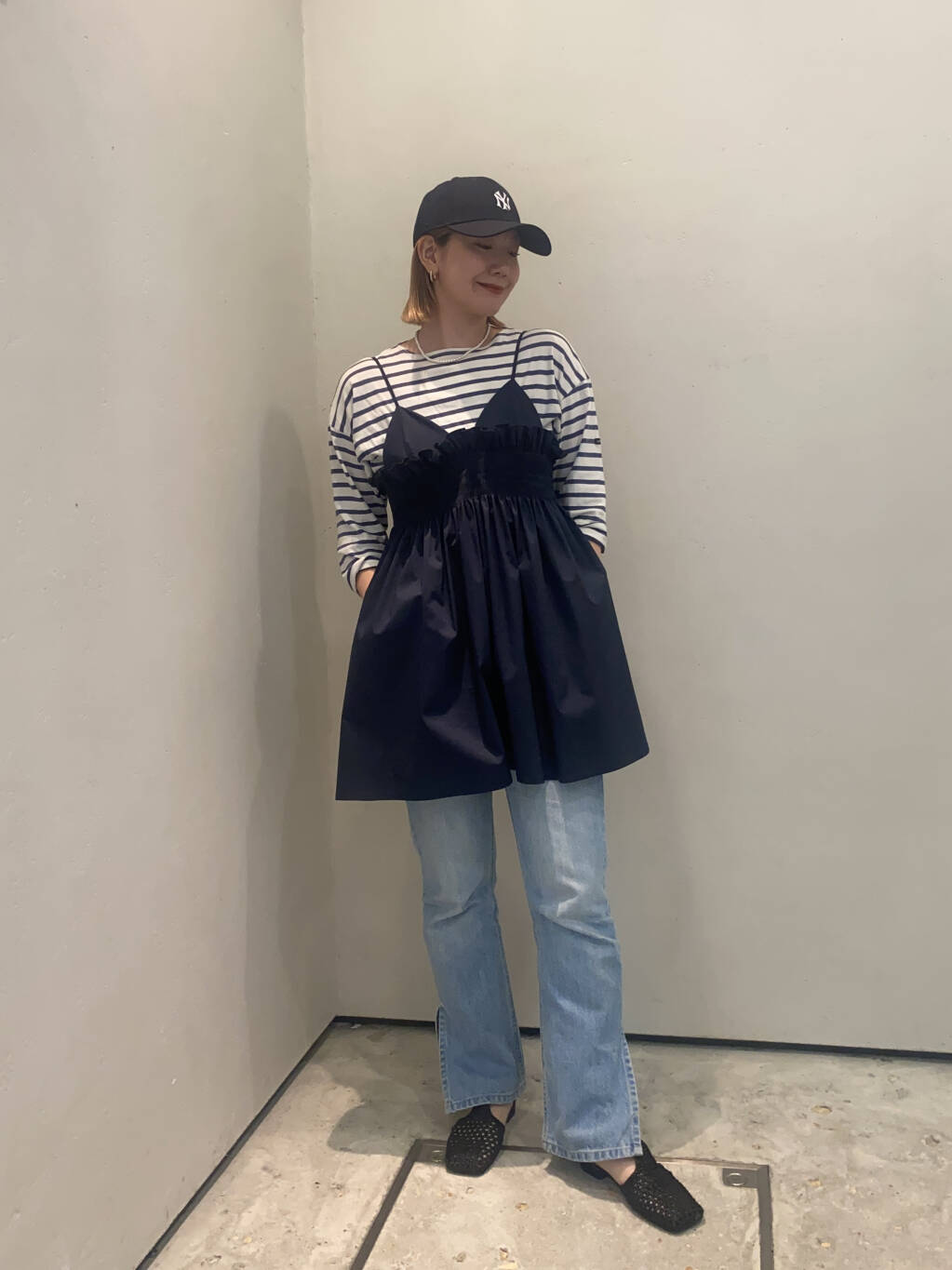 shirred mini dress (navy) *JP