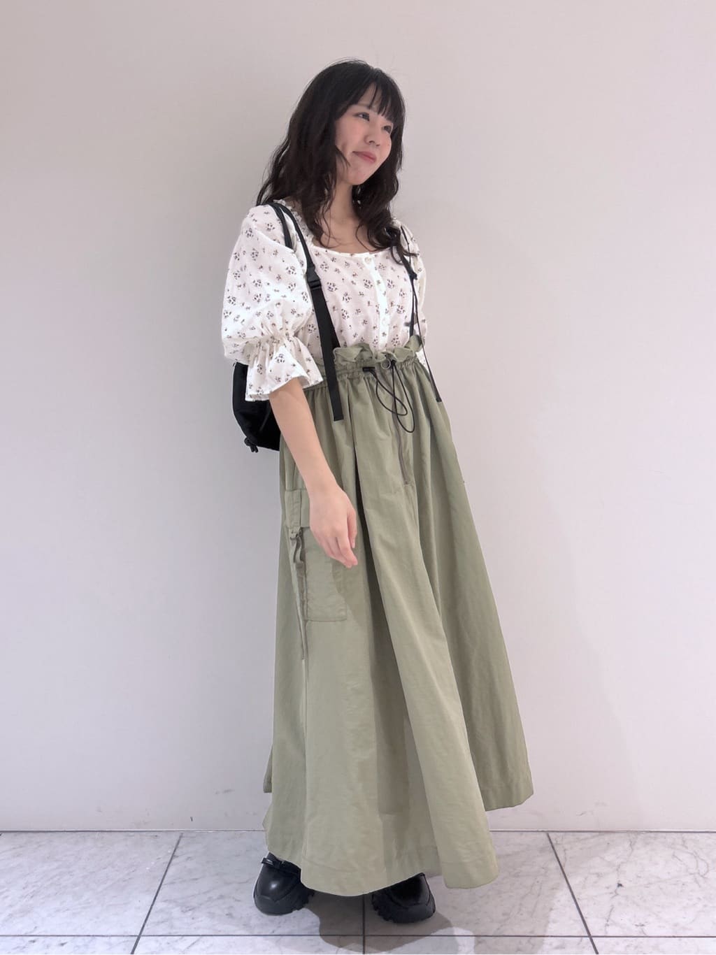 2way nylon gathered skirt (khaki) *JP