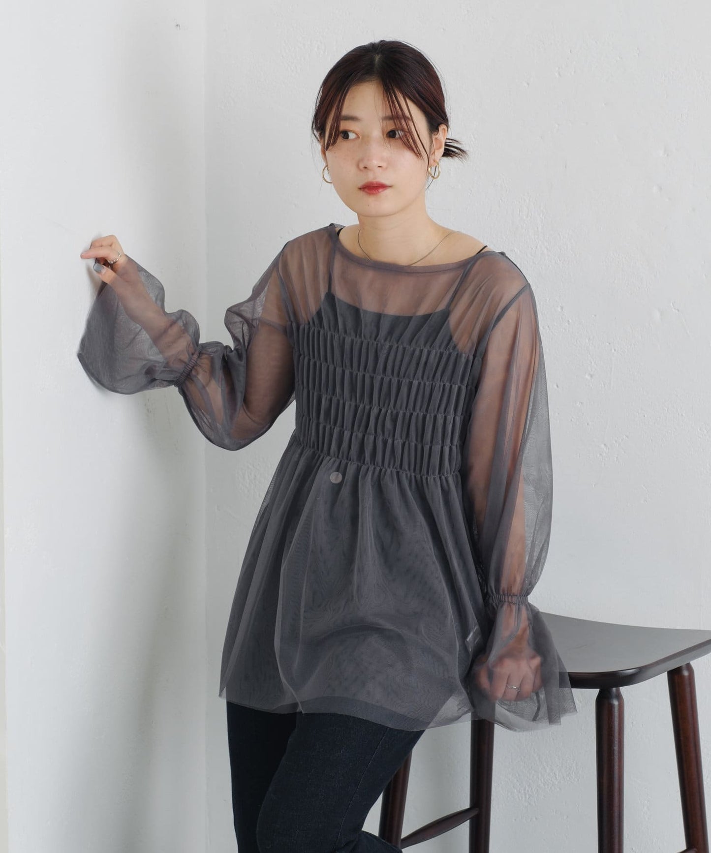 shirring tulle top (charcoal) *JP