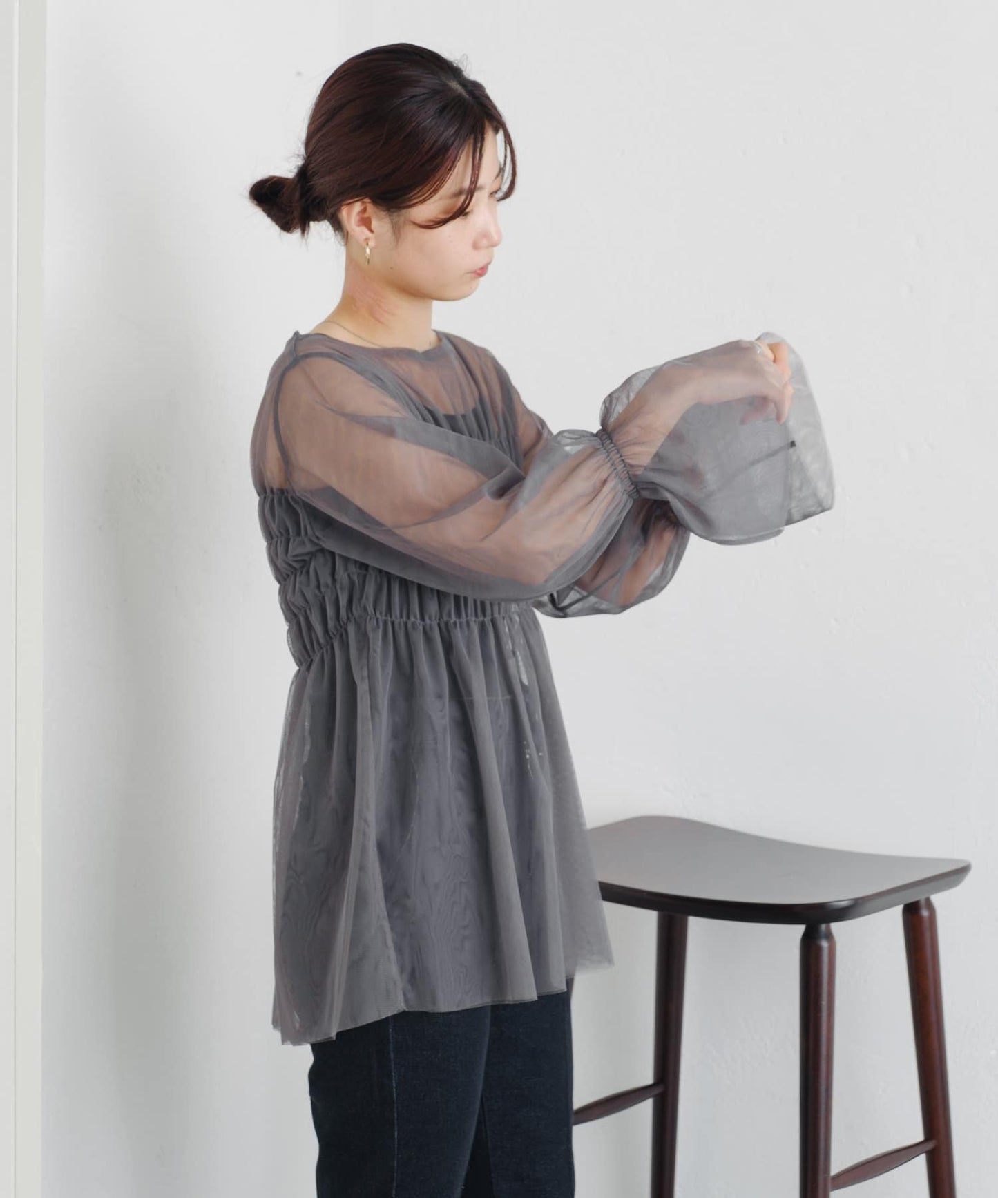 shirring tulle top (charcoal) *JP