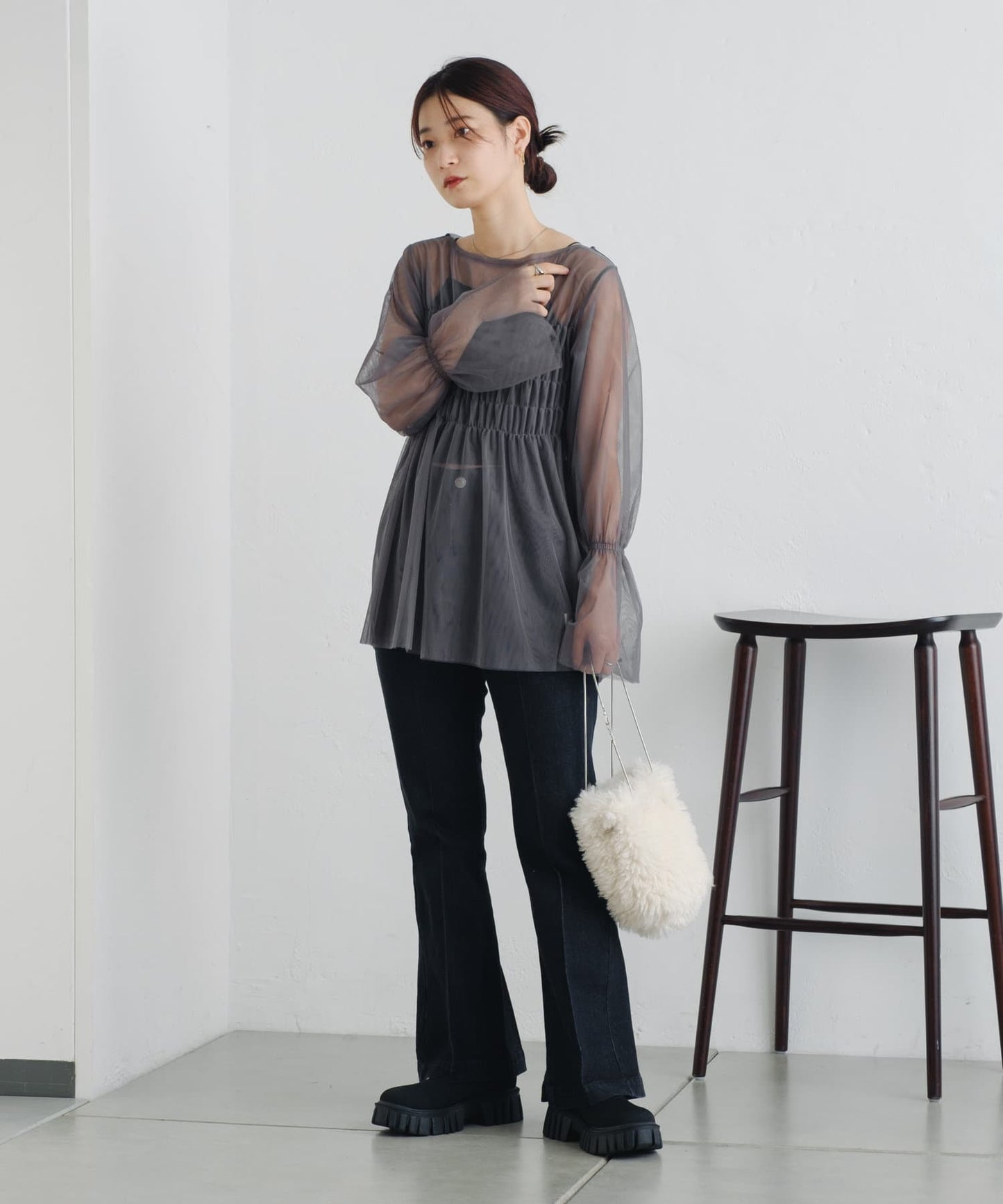 shirring tulle top (charcoal) *JP