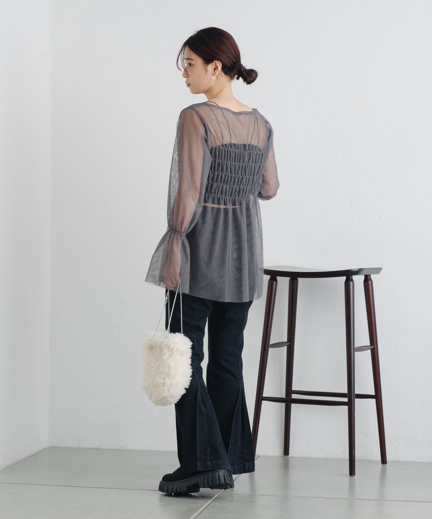 shirring tulle top (charcoal) *JP