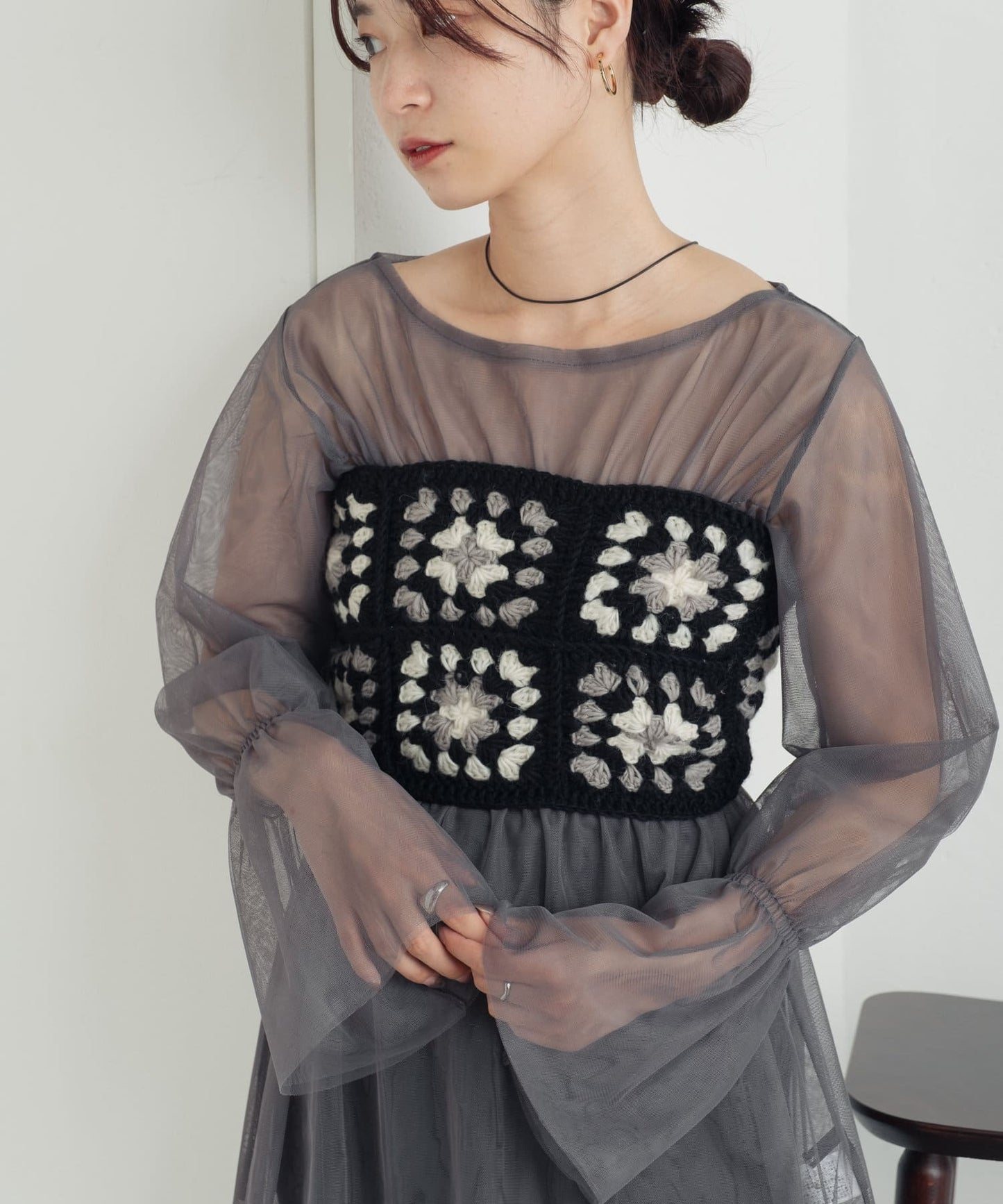 shirring tulle top (charcoal) *JP