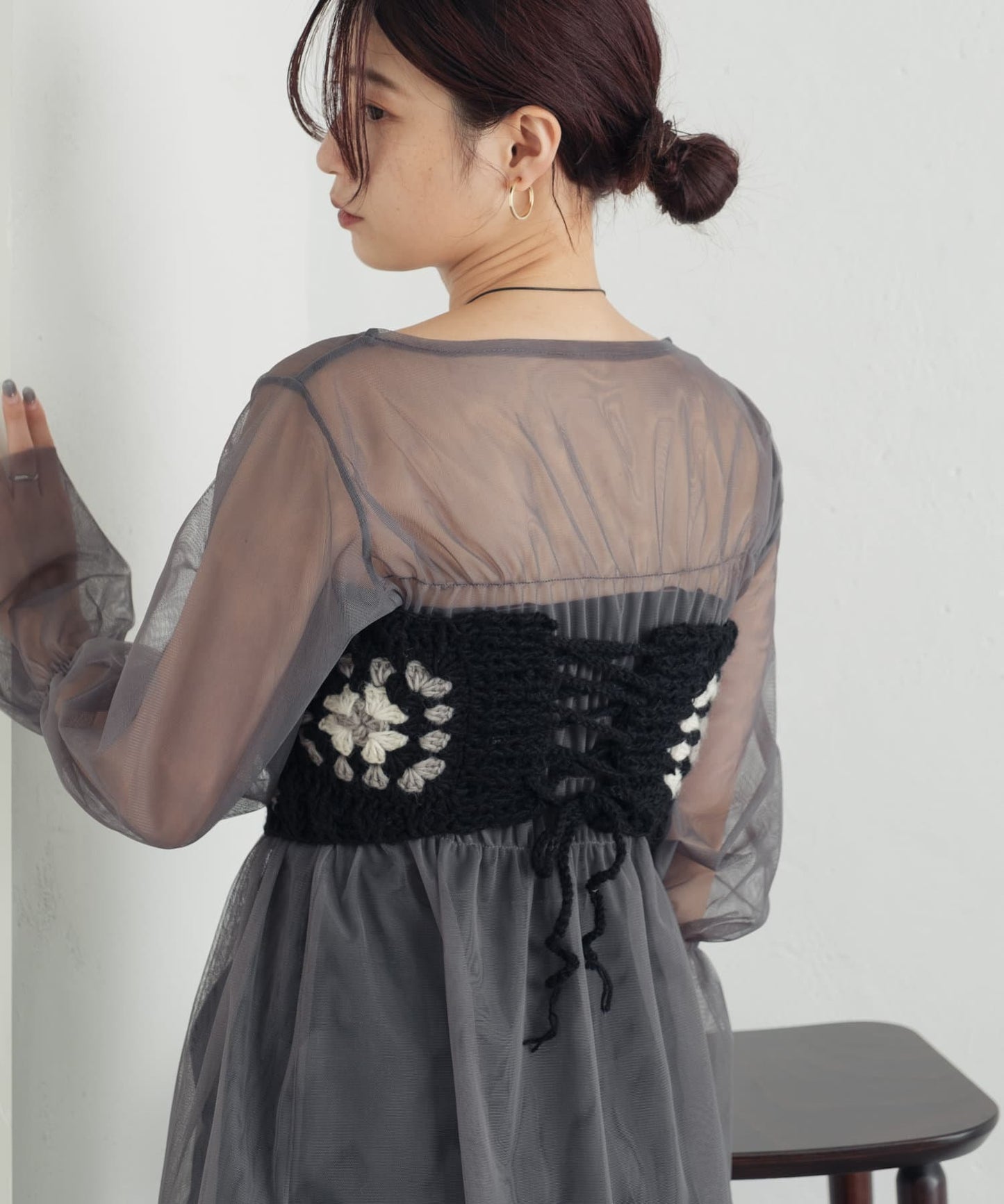 shirring tulle top (charcoal) *JP