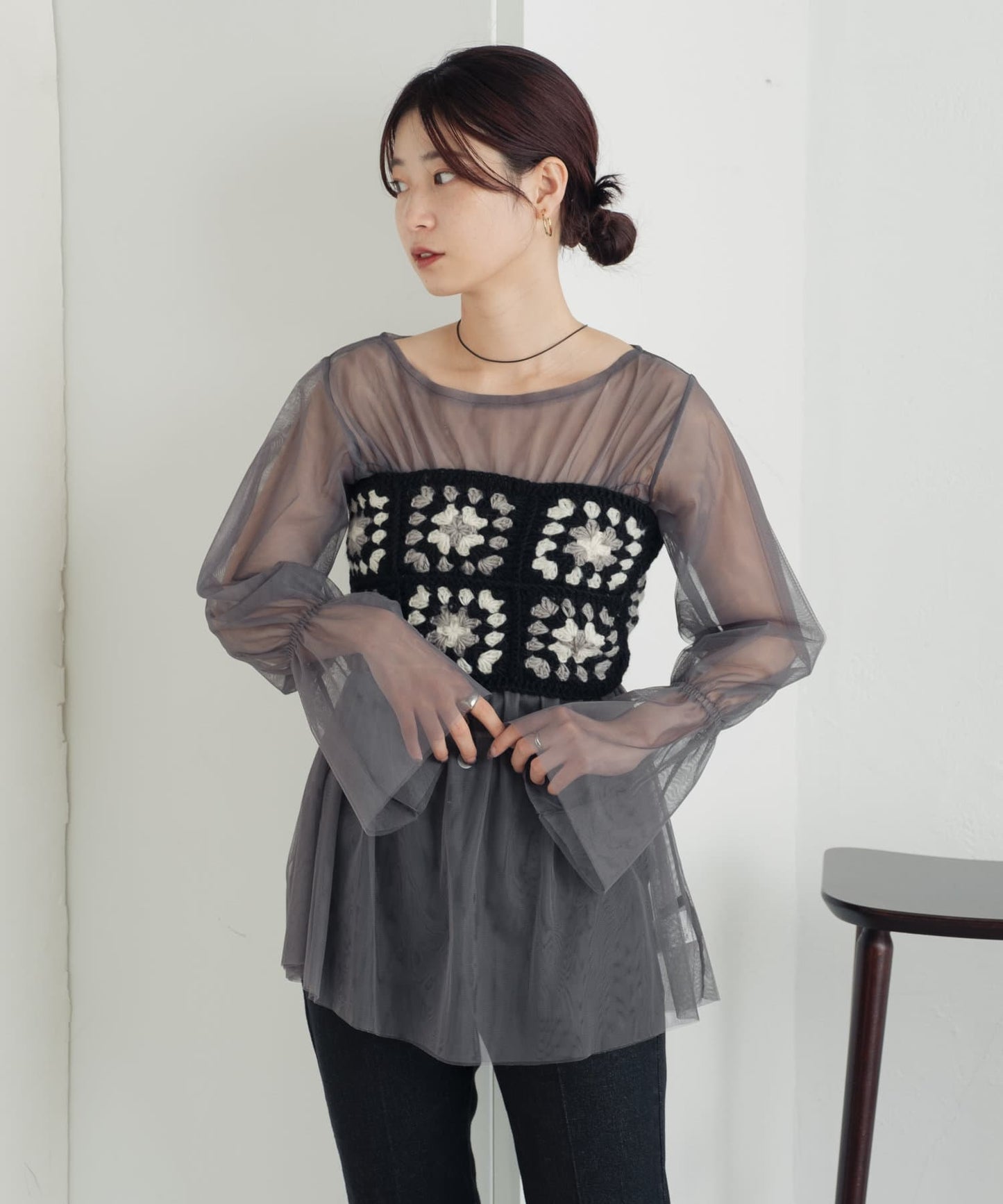 shirring tulle top (charcoal) *JP