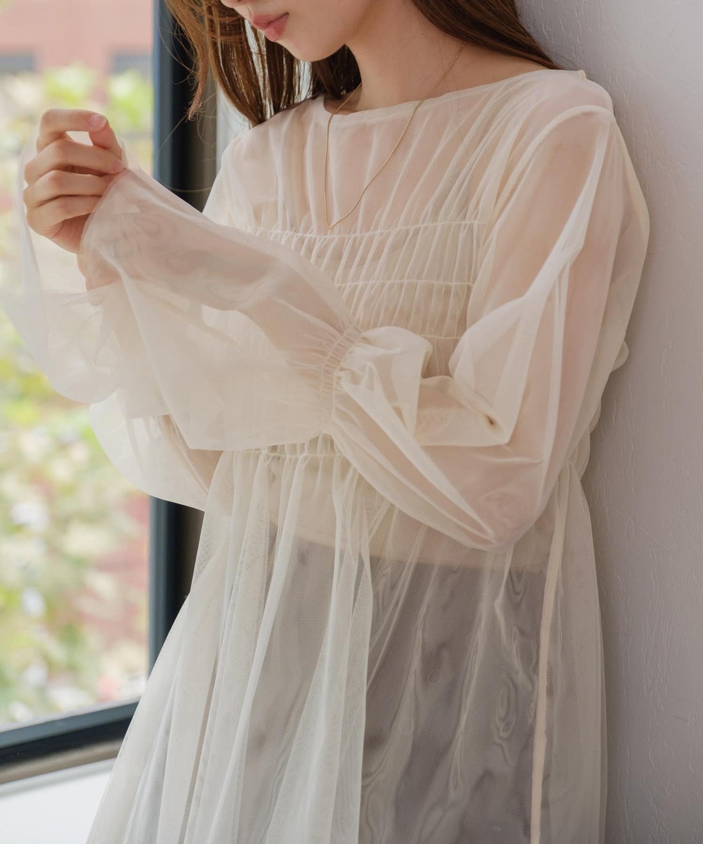 shirring tulle top (ivory) *JP