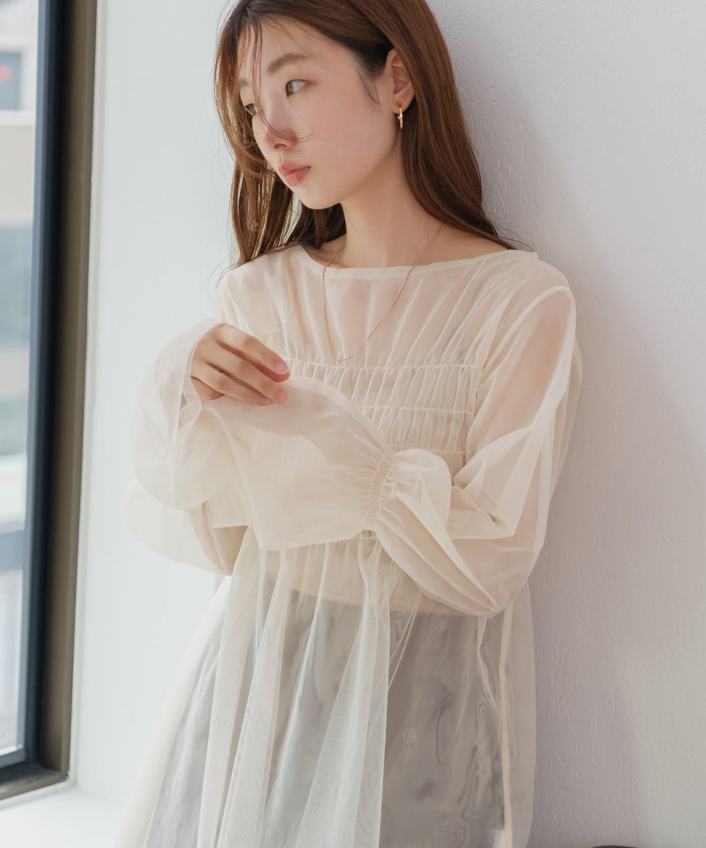 shirring tulle top (ivory) *JP