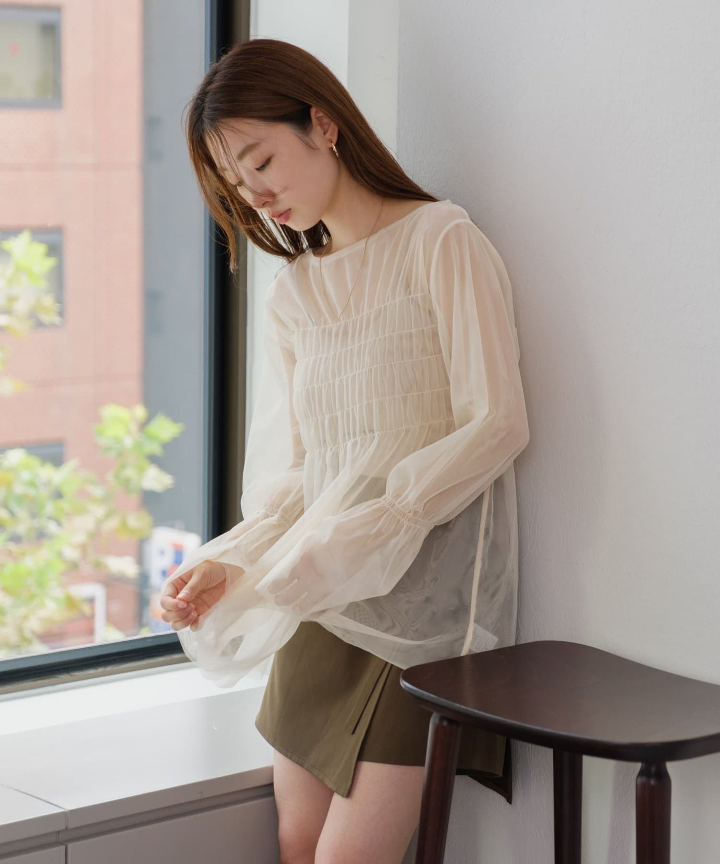 shirring tulle top (ivory) *JP