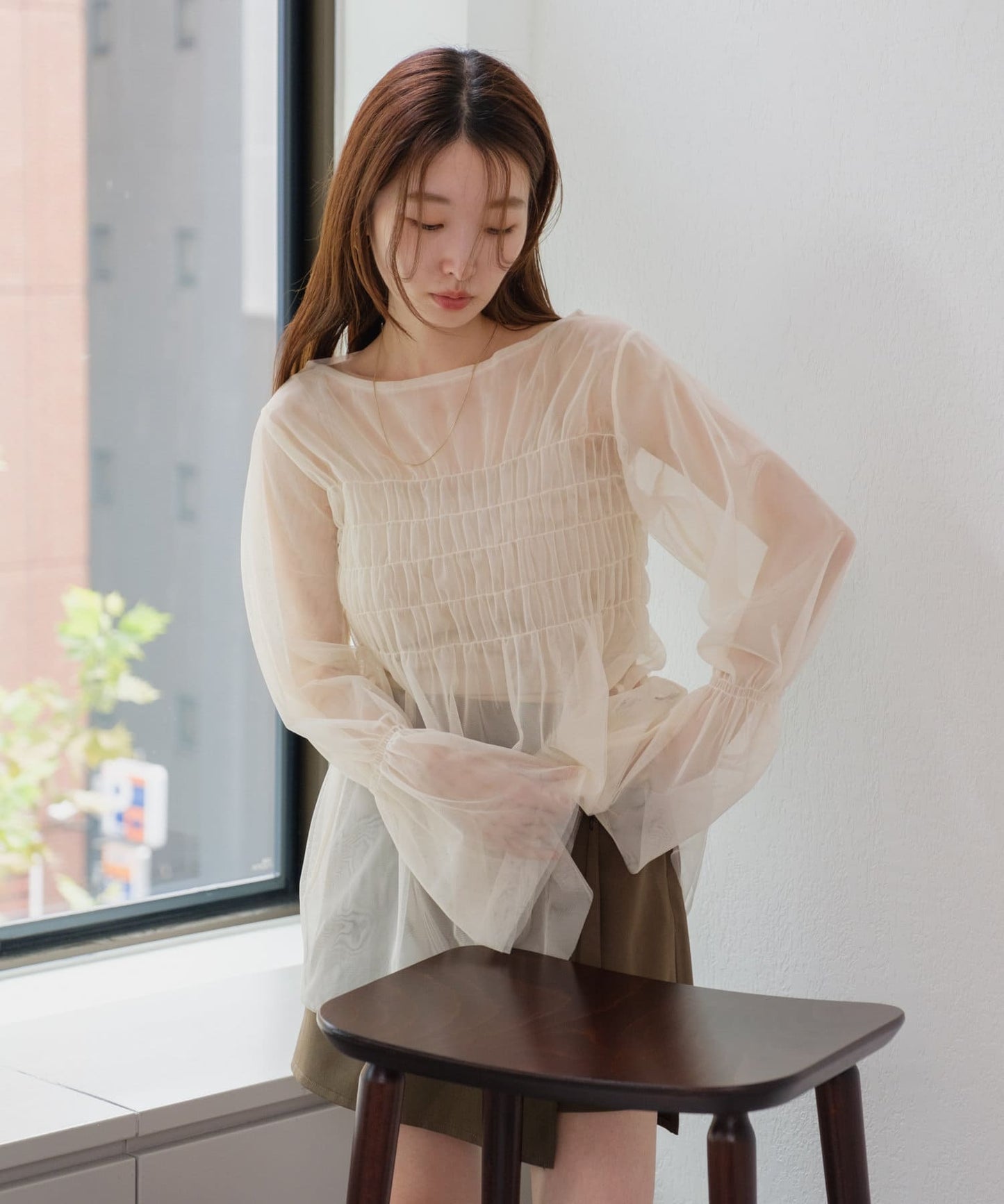 shirring tulle top (ivory) *JP