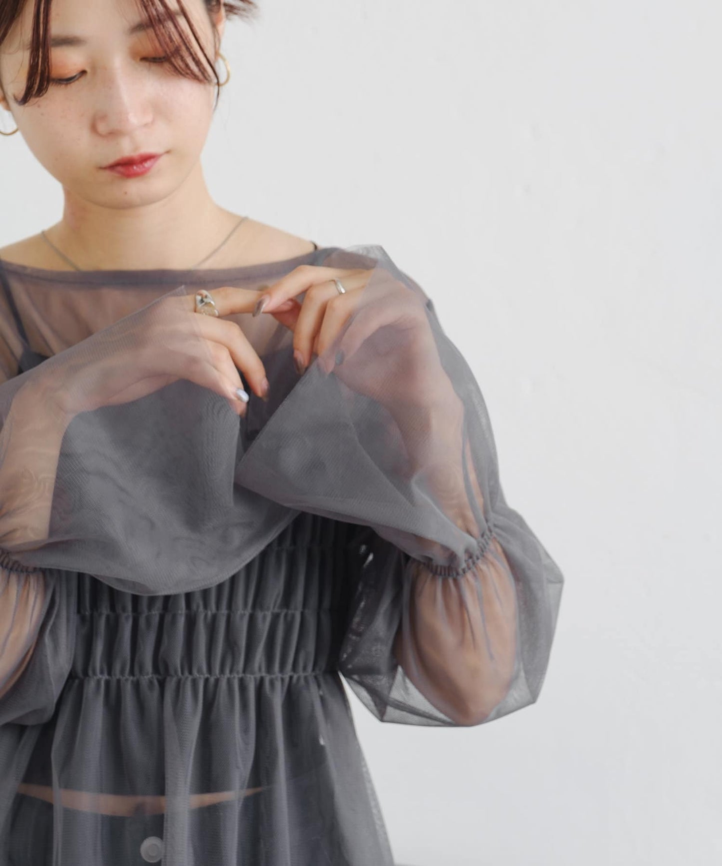 shirring tulle top (charcoal) *JP