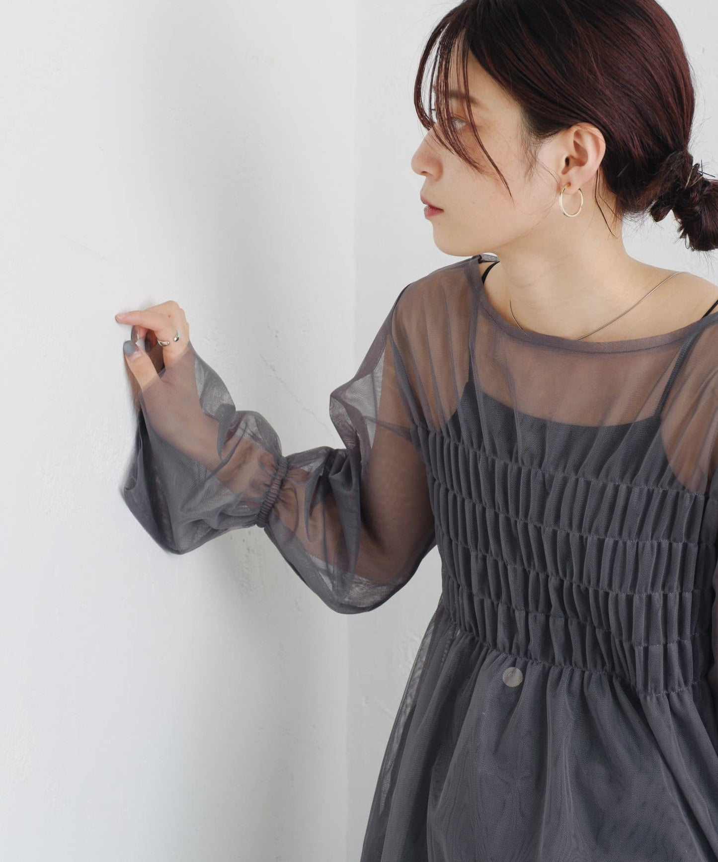 shirring tulle top (charcoal) *JP