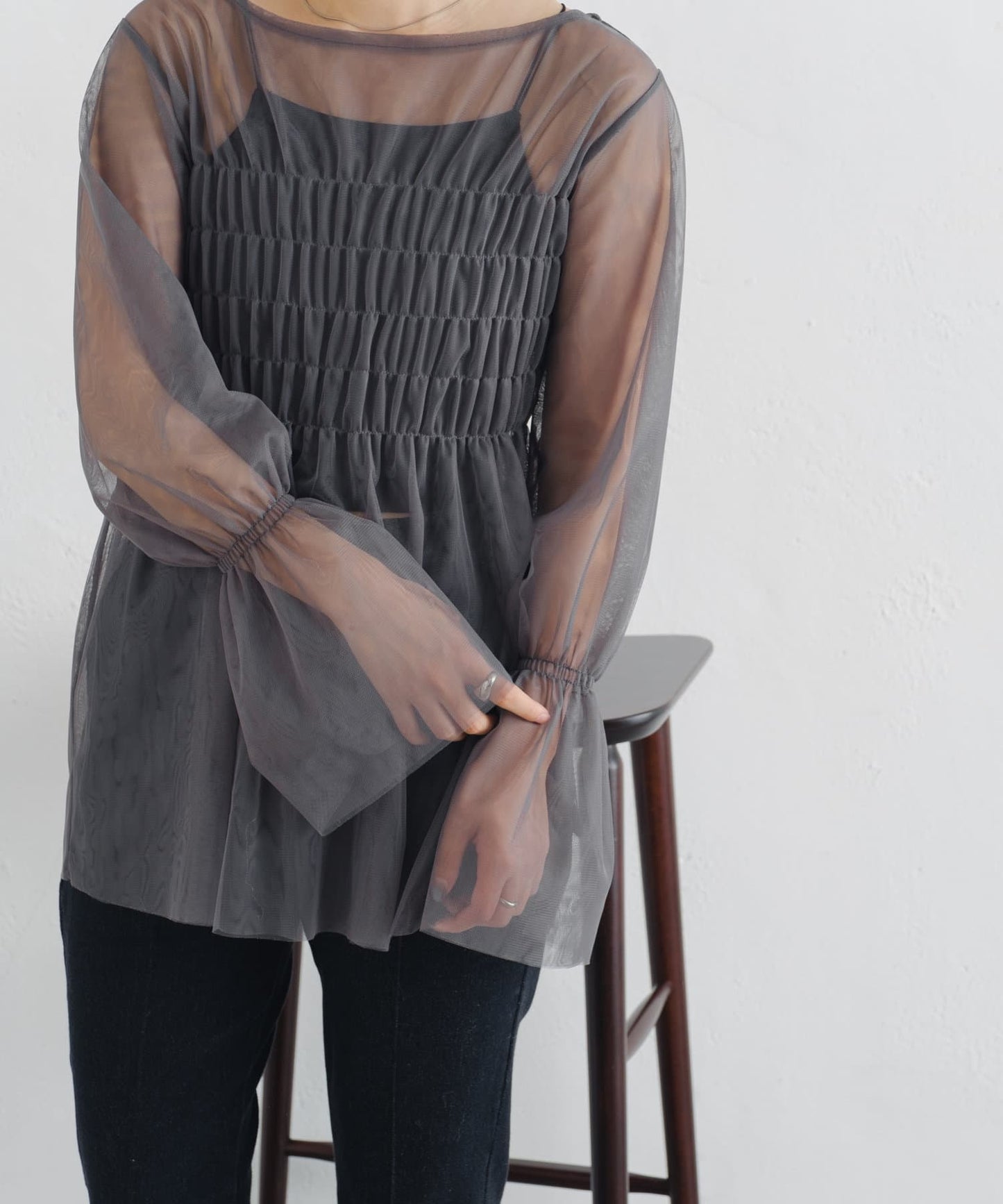 shirring tulle top (charcoal) *JP